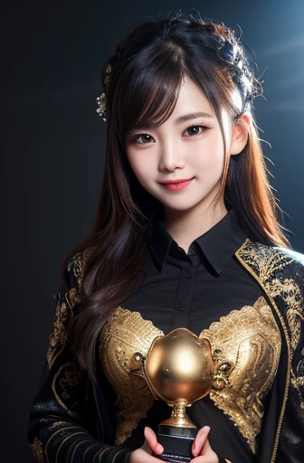 Golden metal armor, Long blonde hair, golden pupils, golden light background, golden transparent wings, metallic texture, Smiling, Golden Eyes, flashing notes around, Maiden, golden starlight, dazzling