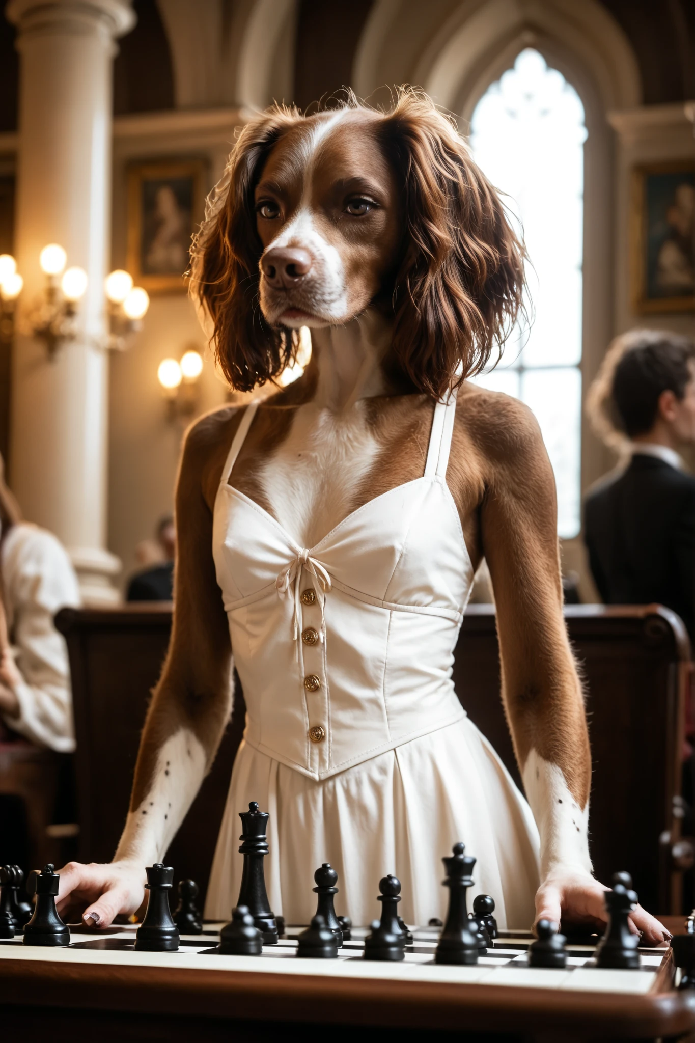 dramatic lighting, warm light, dynamic angle, rim light, cinematic composition, depth of field, golden ratio, off-center. an (anthro springer spaniel) girl wearing a white dress and black vest wit maroon ribbon playing chess. Set against a Baroque background filled with books. springer_spaniel, (looking down), (chess, chessboard, playing chess), thick tail, (brown fur), paws, flat chest, tall and curvy