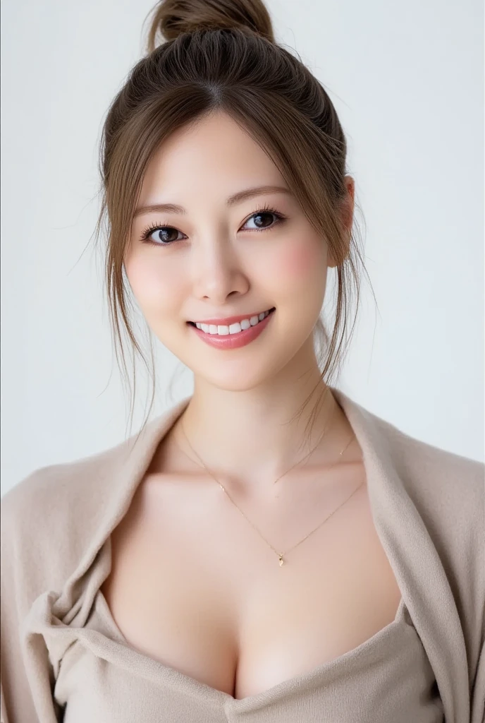 masterpiece, Highest quality,Perfect Face、, (beautiful girl, delicate:1.3), (15 years old:1.3), Exceptional clarity, (Symmetrical eyes:1.3), (School staff room), (Long coat:1.3),  Brown eyes, Parted bangs, Brown Hair, Petit Girl, (Eye and facial details:1.0)Actual Photos、friendly and charming smile、Greenish Bra、Big Breasts、Geometric patterned bra