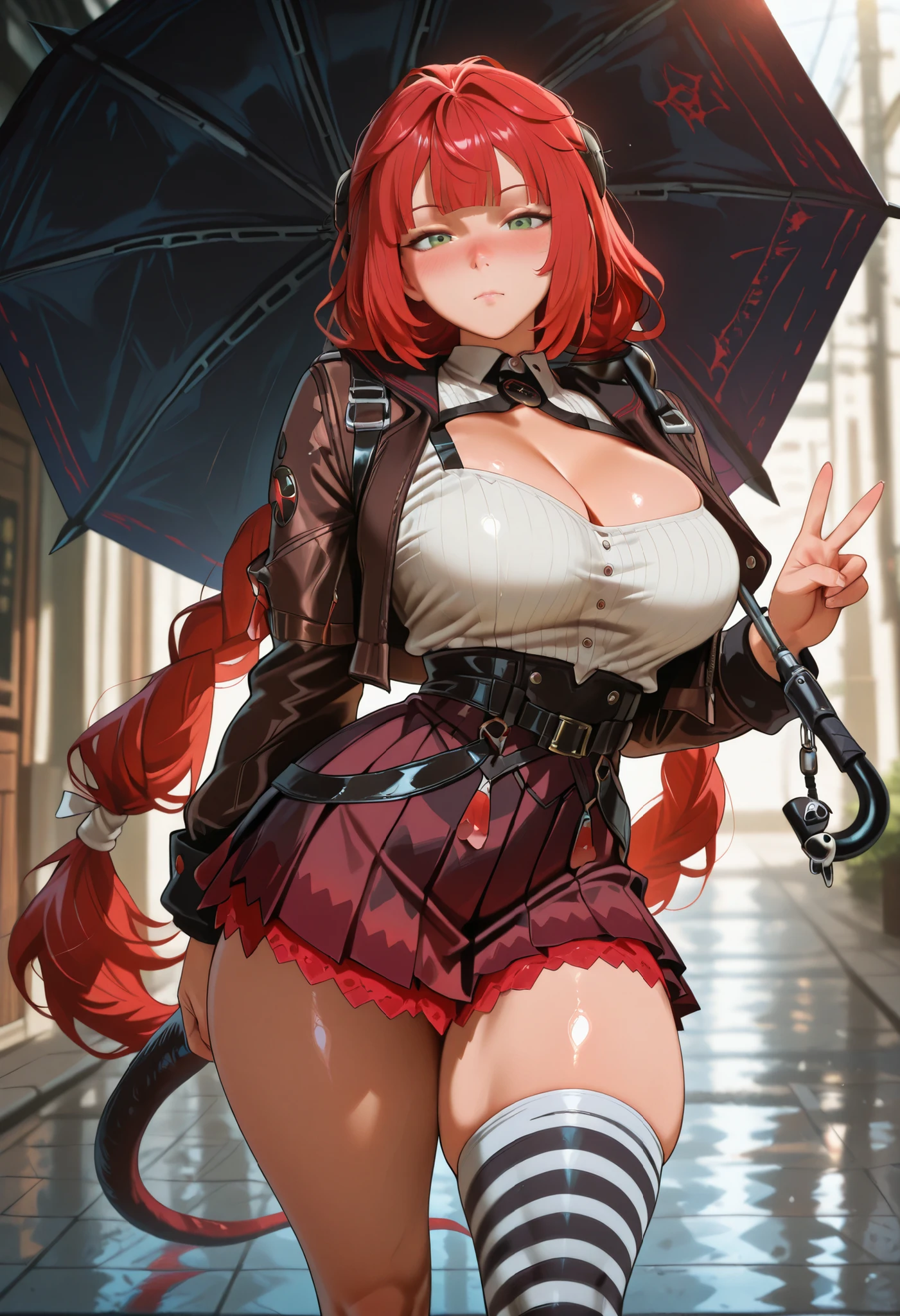 masterpiece, best quality, amazing quality, best quality, 4k, upscale,, dynamic pose, v, yuzuha, 1girl, solo, long hair, umbrella, boots, red hair, asymmetrical legwear, skirt, very long hair, braid, thighhighs, green eyes, bangs, socks, holding, single sock, striped, tail, looking at viewer, black footwear, jacket, single thighhigh, mismatched legwear, STANDING, POSING, Anime screencap,solo focus, looking at viewer, shiny skin, shiny hair, shiny body, clear body, nose blush,, POSING,, DYNAMIC POSE,,, NICE LEGS, COWBOY SHOT, ,, TIGHT CLOTHES, covered breasts, , , thick thighs , soft glossy skin , detailed shading , soft light , realistic anime style , ultra-detailed , 8k , masterpiece , highly detailed ,, , VIEW FROM FRONT , , ,, hourglass figure , large bust and wide hips ,, , OPAQUE CLOTHES , covered breasts , , ,,. ,,, DYNAMIC POSE,STANDING , POSING, LARGE BREASTS; CLEAVAGE, BLUSH, NOSE BLUSH,