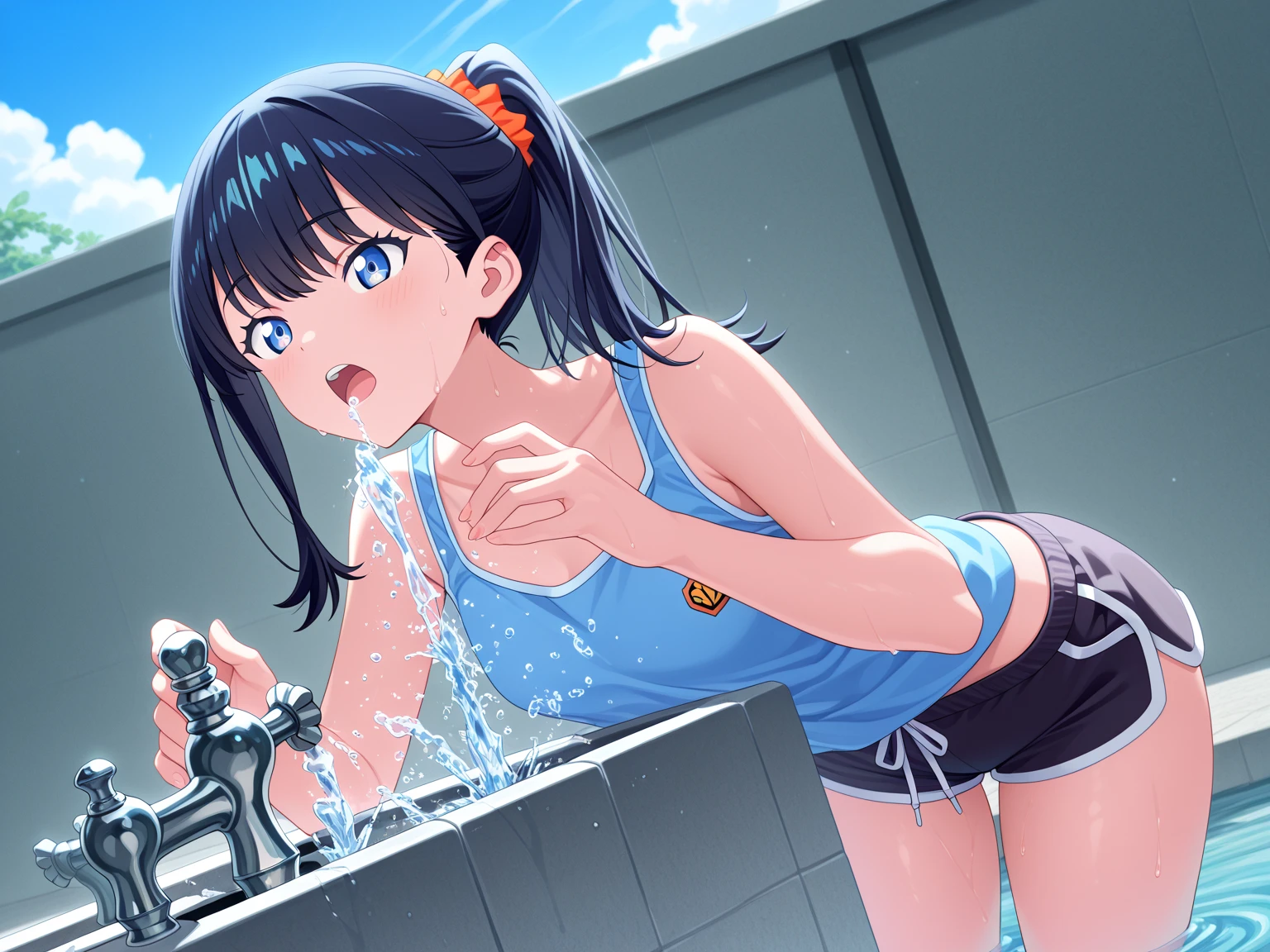 ((A plump and squishy lady:1.3)),((surprise!!:1.3)),(((Women's Lace Panties,((open crotch pantie)),transparent,Erotic lingerie,Big size,Open crotch underwear))),Highest quality、High resolution、Detailed Background、(Beautiful face in every detail:1.4)、A group of exceptionally adorable young girls, around 6 to , are participating in a swimming lesson at a Japanese elementary school. Each girl is wearing a perfectly fitted, bright blue school swimsuit with a cute, small name tag pinned on the front, and a white swim cap that tucks in their neatly arranged hair. The girls have radiant smiles, their eyes wide with enthusiasm as they listen intently to their instructor. The outdoor school pool sparkles under the warm sunlight, with clear, inviting water and soft ripples. The girls' youthful energy and sweetness are captured in their playful interactions as they practice their strokes, some with a bit of playful splashing, while others focus intently on mastering their technique. The backdrop includes a well-maintained schoolyard, with the school building and a few cherry blossom trees adding a touch of natural beauty to the scene. The overall atmosphere is filled with joy, innocence, and a sense of togetherness, making it a heartwarming moment in a typical school day.