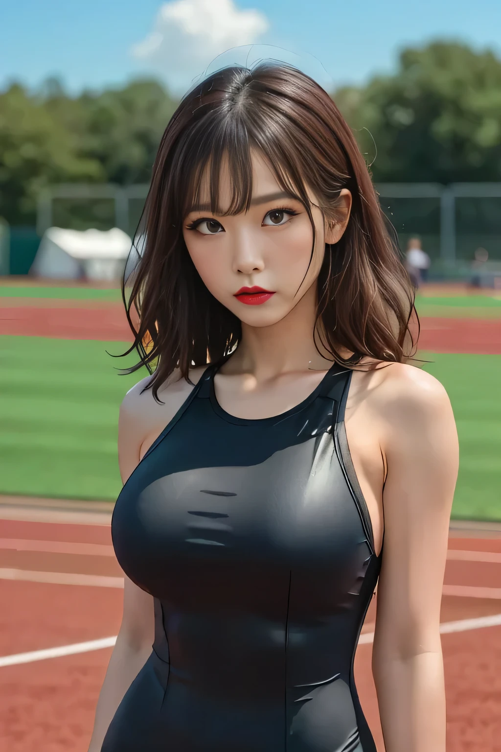 Sportswear.
Super beautiful Japanese woman, looks like a intimidating dominatrix, closed mouth, condescending gaze, staring at viewer, makeup, long upturned eyeliners, long false eyelashes, light red lips, wavy hair, looking at viewer.
Great figure, breasts, standing, cowboy shot.
School ground where track and field events are held, daytime, sky.
Best quality, photo realistic, masterpiece.