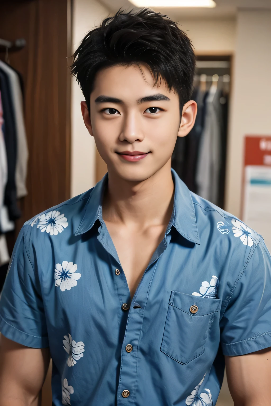 18-year-old male、Japanese、handsome guys、Macho、short hair、 apparel clerk、blue aloha shirt、Smile Yan