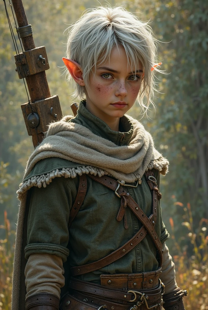 15 year old elf teenage boy with pointed ears brown skin white hair dark blue eyes wearing a brown coat archery equipment shoes and very beautiful silver curly hair to the shoulder