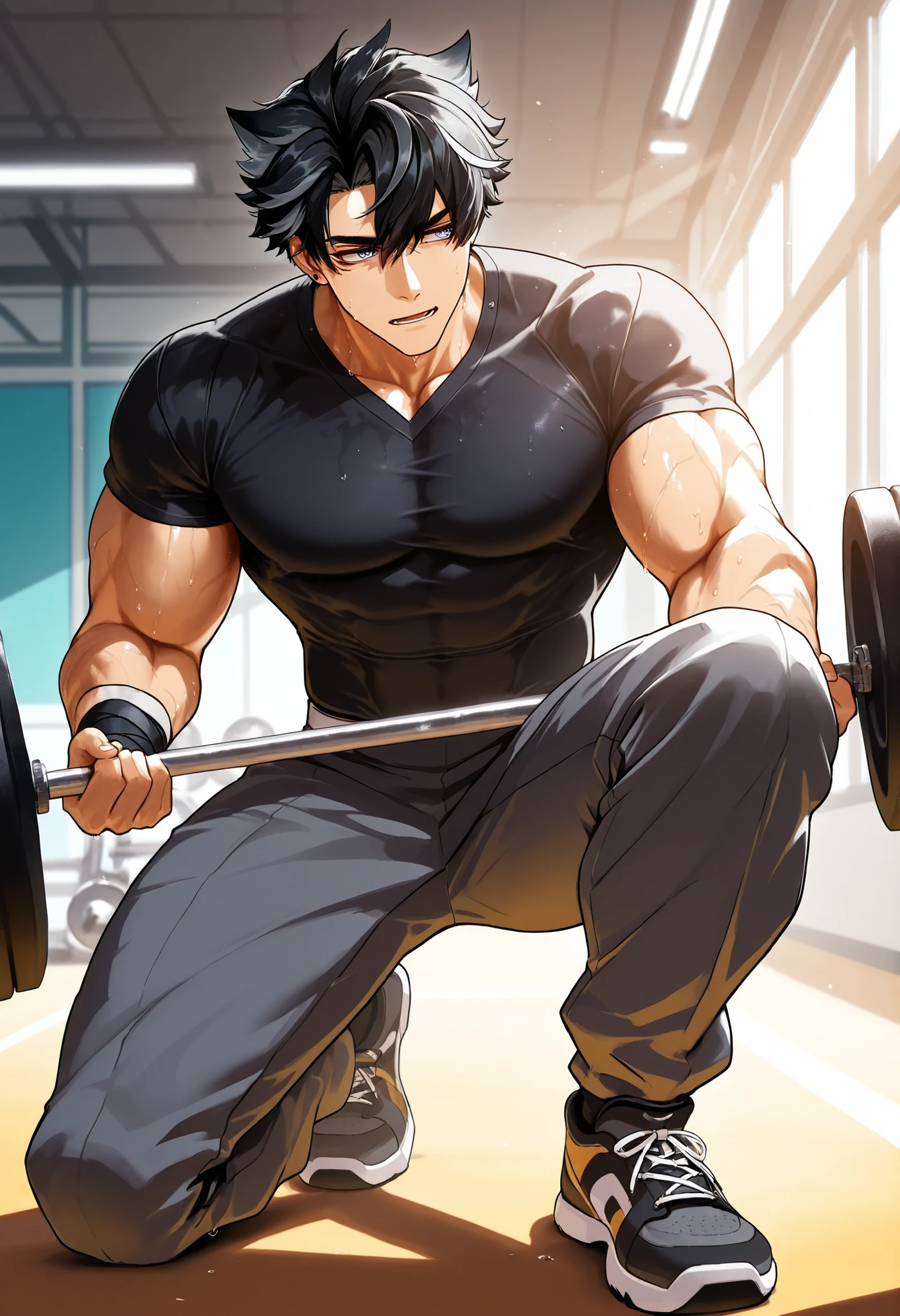(anime style, masterpiece, ultra-detailed, 8k,
vivid colors), Wriothesley from Genshin Impact
wearing modern sporty outfit, black compression
shirt slightly tight, grey jogger pants, sneakers,
inside a modern gym with weights and equipment
in the background, soft sunlight entering through
large windows, beads of sweat on his skin,
confident expression, hair slightly messy, athletic
muscular build, cinematic lighting, dynamic pose
as if mid-training, warm color tones with realistic
shading, sports-themed atmosphere, high detail,
intricate textures on clothing and environment