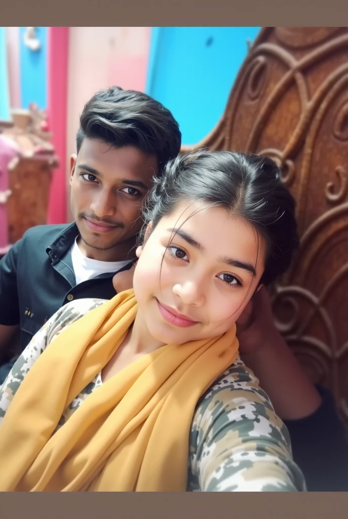 there are two people that are posing for a picture together, lovely couple, selfie!!!!!, in love selfie, couple pose, selfie photo, with lovely look, selfie, taken with the best dlsr camera, couple, with village, a picture, happy couple, selfie photography, last selfie ever taken, very very low quality picture, by Thota Vaikuntham