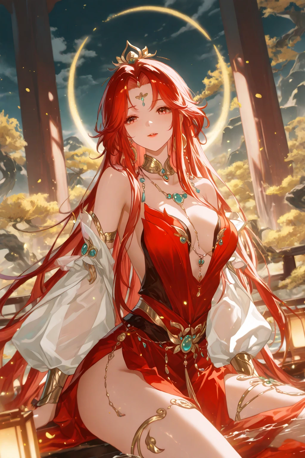 Rias gremory como persona real, cabello largo color rojo inteso brillante, ojos ayules, hermosos labios rojos, cuerpo completo