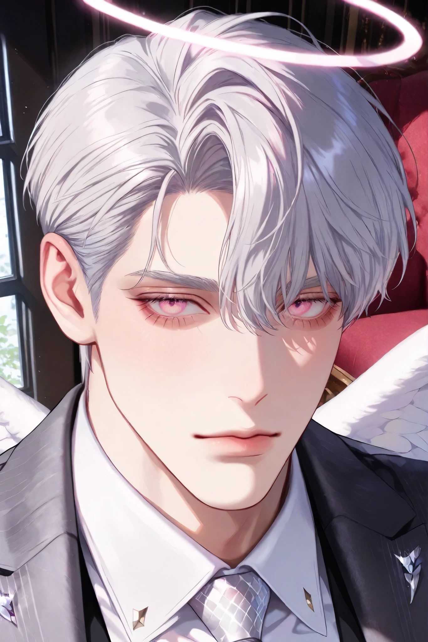 A handsome mature man with short-cut silver hair, pink opal eyes, halo on his head, and white wings is wearing a suit, plain living room background, close-up, semi-realistic