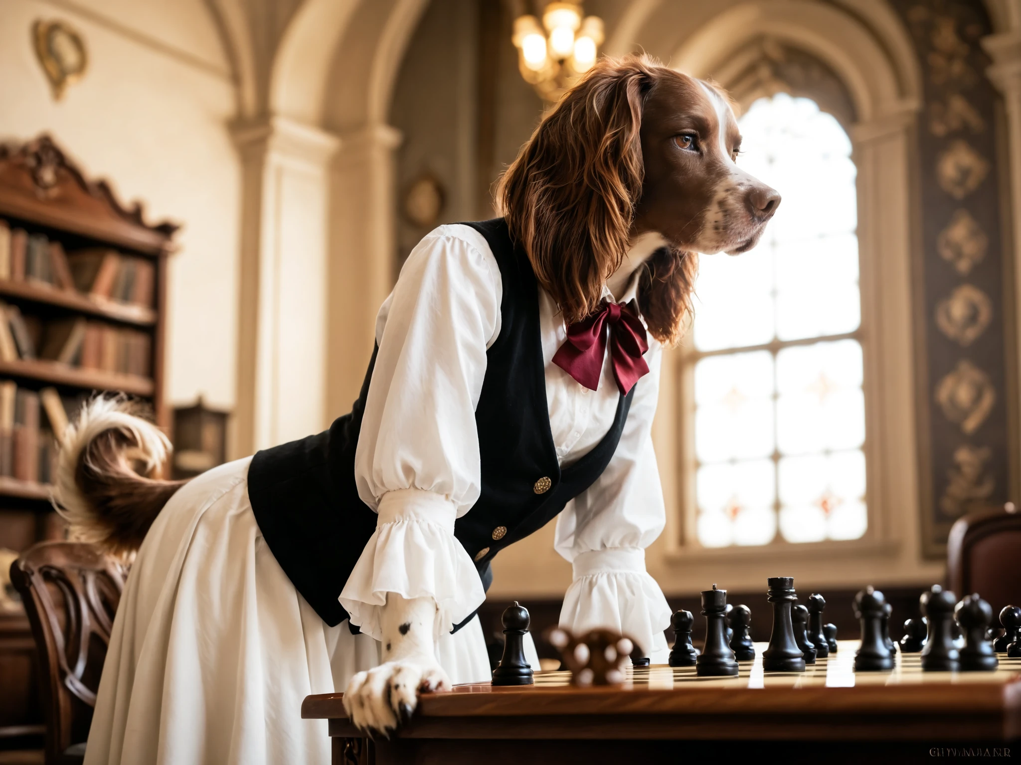 dramatic lighting, warm light, low angle, rim light, depth of field. an (anthro springer spaniel) girl wearing a white dress and black vest wit maroon ribbon leaning over a table playing chess. Set against a Baroque background filled with books. springer_spaniel, (looking down), (chess, chessboard, playing chess), thick tail, (brown fur), paws, flat chest, tall and curvy