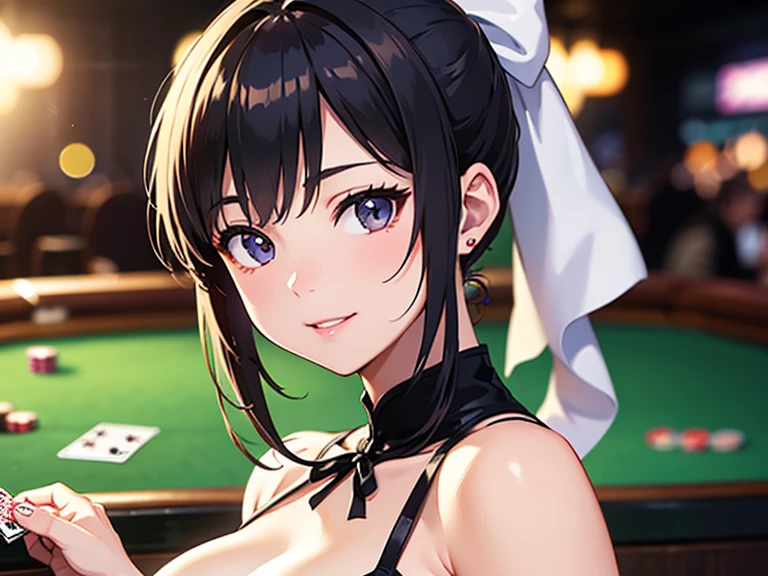 (masterpiece), best quality, (((ultra detailed, 8k quality))), expressive eyes, perfect face, perfect anatomy, perfect body, scene, <lora:scene_:0.7>, <lora:beautiful_detailed_eyes:0.5>, <lora:GoodHands-beta2:0.7>, <lora:give_it_a_name:0.4>,
aamii, short hair, black hair, blue eyes, glasses, <lora:konori_mii_v1:0.7>,, bare shoulders, brown pantyhose, bowtie, rabbit ears, red bow, leotard, wrist cuffs, strapless, detached collar, fake animal ears, playboy bunny, red bowtie, leotard, strapless leotard, elbow gloves, , casino, cowboy shot
