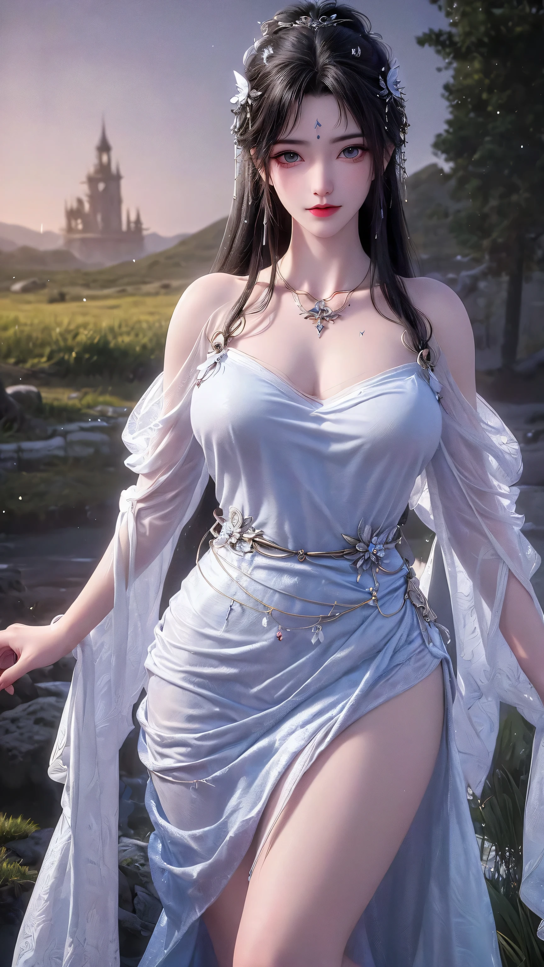realistic, 1 women, best quality, 12k, HD, long hair, big round breasts, cleavage, ponytail, necklace, jewelry, shorts, short jacket, slim hips, hair tie, yellow eyes, black hair, super detailed, Eye details, hair details, person details, mouth details, face details, breast details, clothes details, hair details, pants details, hand details, whole body