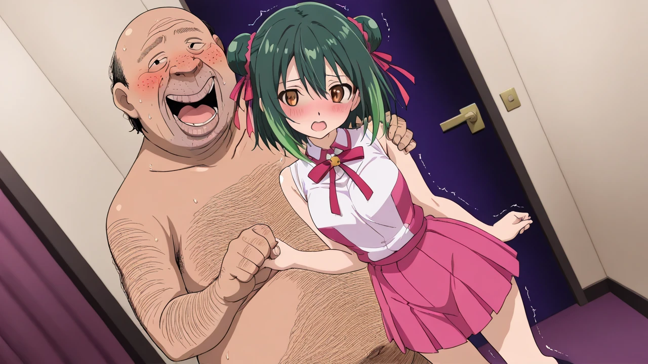 masterpiece,best quality,akko, 1girl, 1boy,old, old man, ugly man, fat man,luna_nova_school_uniform, (hetero:1.3),cleavage, (arms behind head:1.2), collared_shirt,,hand in panties, spread legs, sitting, cleavage cutout,upper_teeth_only, round_teeth, :d,, neck_ribbon,,ribbon,(pussy_juice), , anime_coloring, blush, (medium breasts),<lora:akko_multimerge:1>,<lora:hand_in_panties_(not_self)_v1:0.7>, <lora:uglyBastard_v54a:0.5>