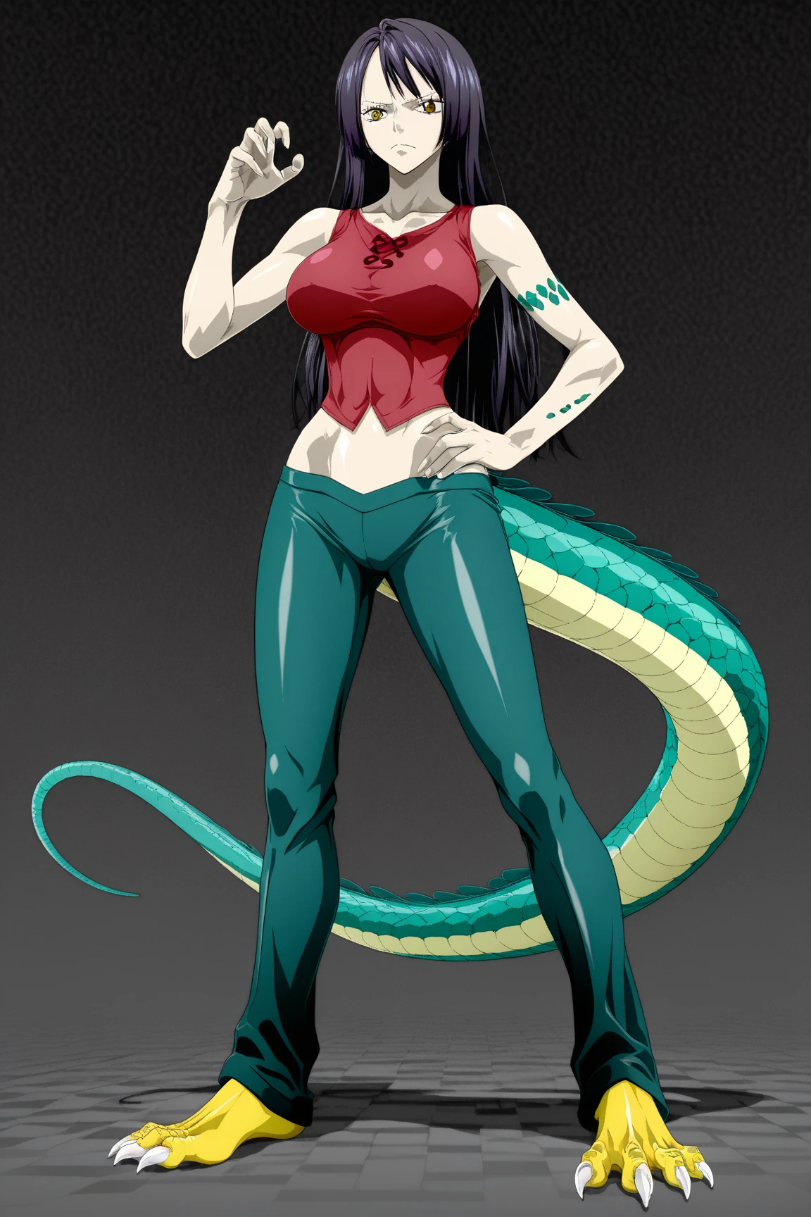 <lora:s-purple_PONYXL:1> score_9, score_8_up, score_7_up, score_6_up, score_5_up, score_4_up, masterpiece, BREAK
1girl, solo, sexy, standing, arched back, long hair, straight hair, flat hair, small breasts
monster girl, scales, dragon tail, horns, claws, green scales,
highleg thong, thong, highleg, pull tight, turtleneck, sideboob
slender waist, thick thighs,