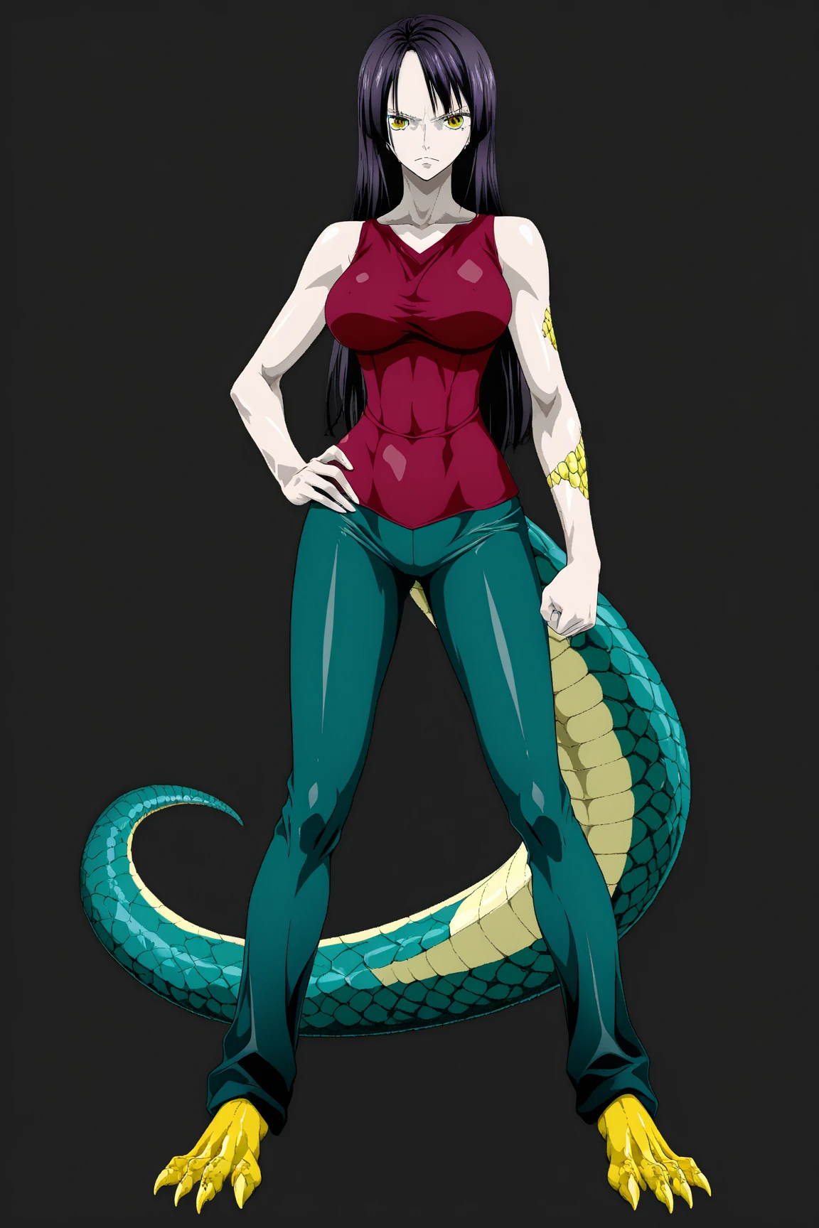 Lamia girl, long cleopatra hair, dragon horns, muscular body, gigantic penis, big breasts, black ninja mask, 4 arms, full body.