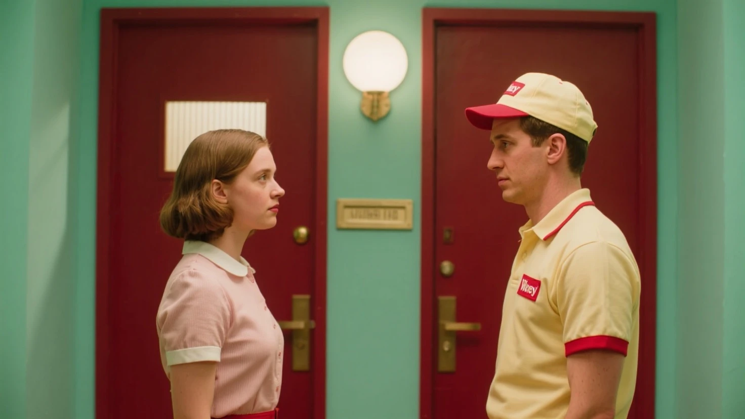 Grand Budapest, couple, man and woman standing in a room filled with (pink parcels),
<lora:Grand_Budapest_v1:0.5>