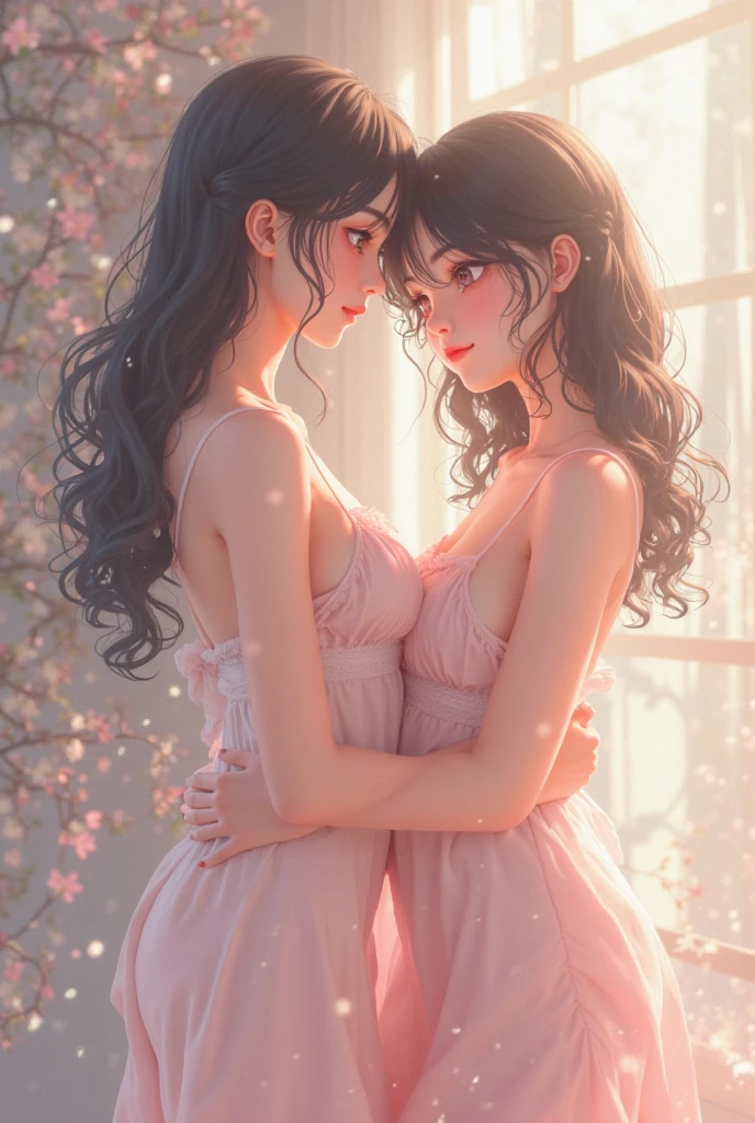 a A captivating and tender anime-style illustration of two women, in love, standing on a beautiful bridge facing each other. The first woman is a beautiful young woman with British (Anin) features, semi-long light brown hair held on one side by a delicate buckle and is dressed in a 50's style sleeveless dress in light lilac with small white polka dots and low-heeled shoes. About to kiss the second woman is a beautiful young woman with Asian (Pin) features, dark brown hair, and she is dressed in a 50's style sleeveless dress, pastel pink, and is wearing low-top shoes. she seems surprised and shy about the kiss they are about to give her.
The image exudes complicity and tenderness between the two.
