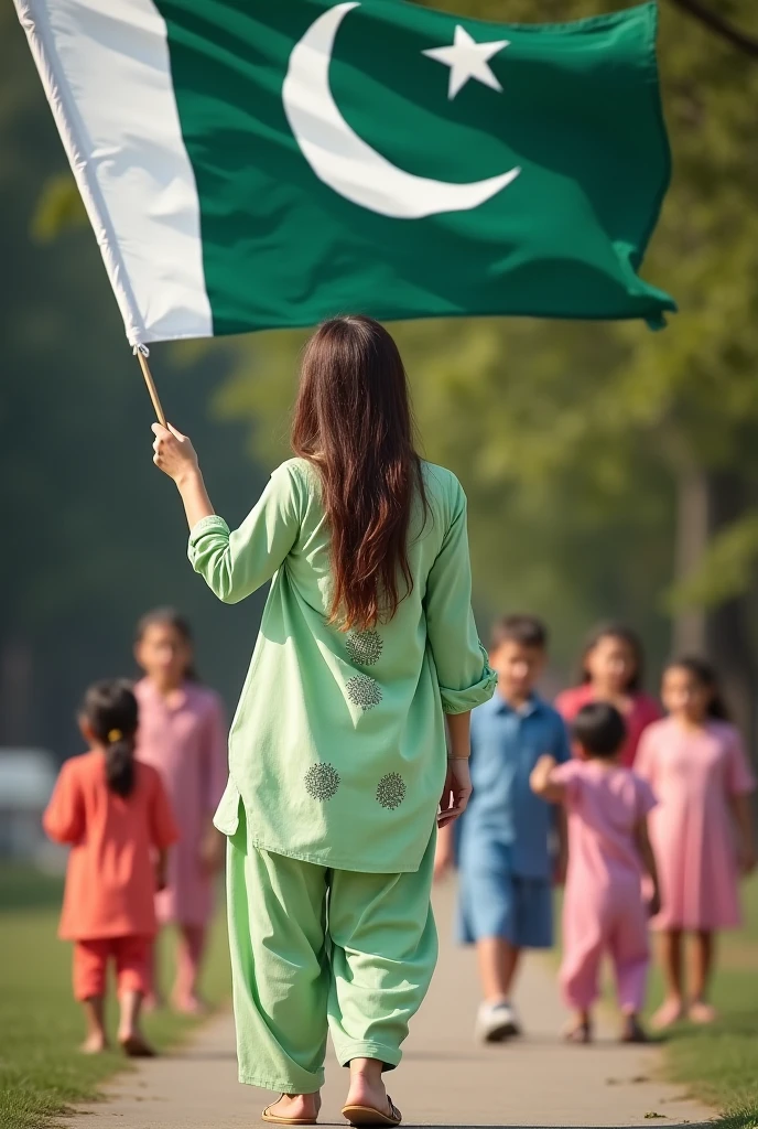 14 August ki photo flag Pakistan ka jhanda background Lahore minar-e-pakistan and bike khadi ho Piche name Kiran shirt sabaj girl