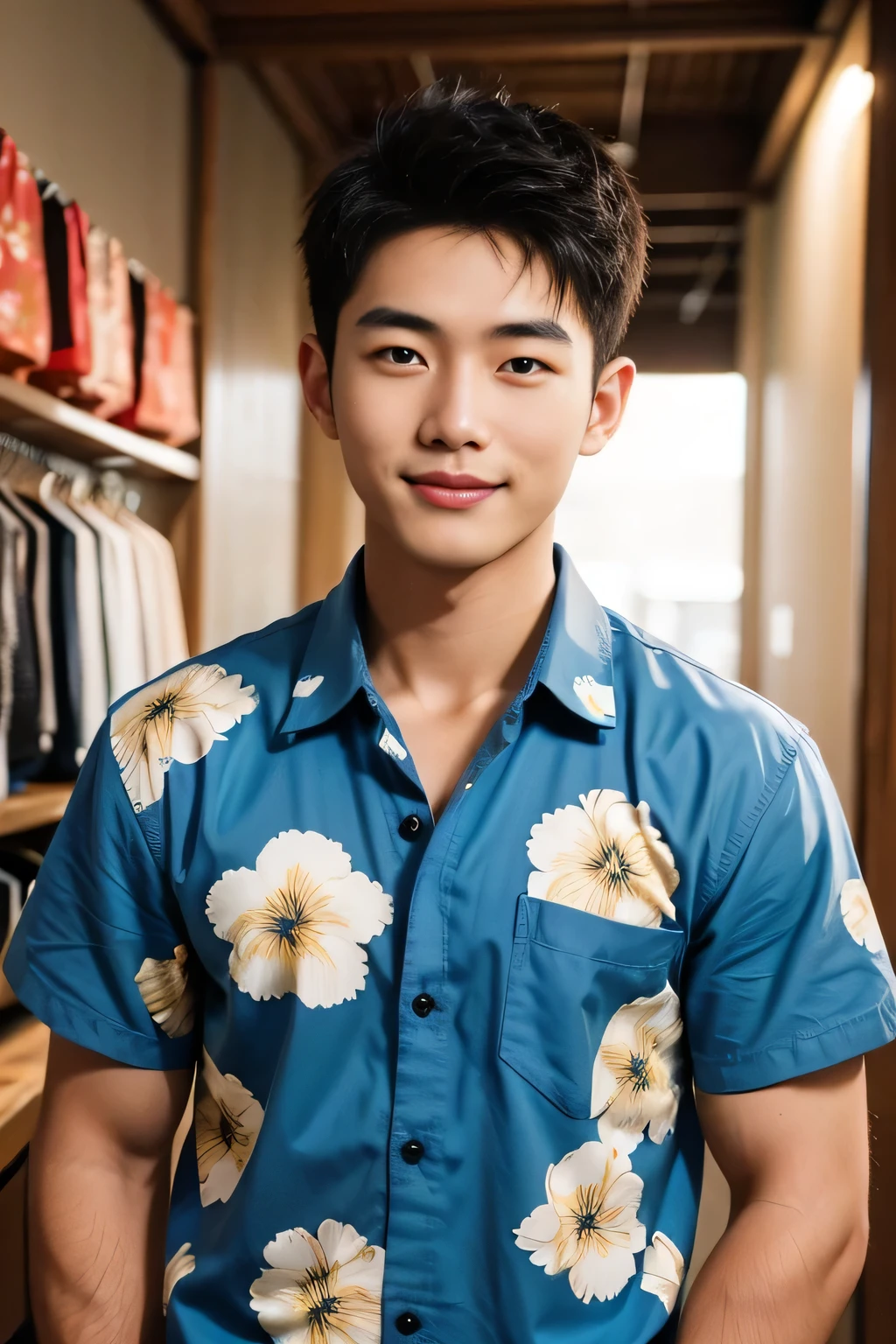 18-year-old male、Japanese、handsome guys、Macho、short hair、 apparel clerk、Hawaiian shirt、Smile Yan