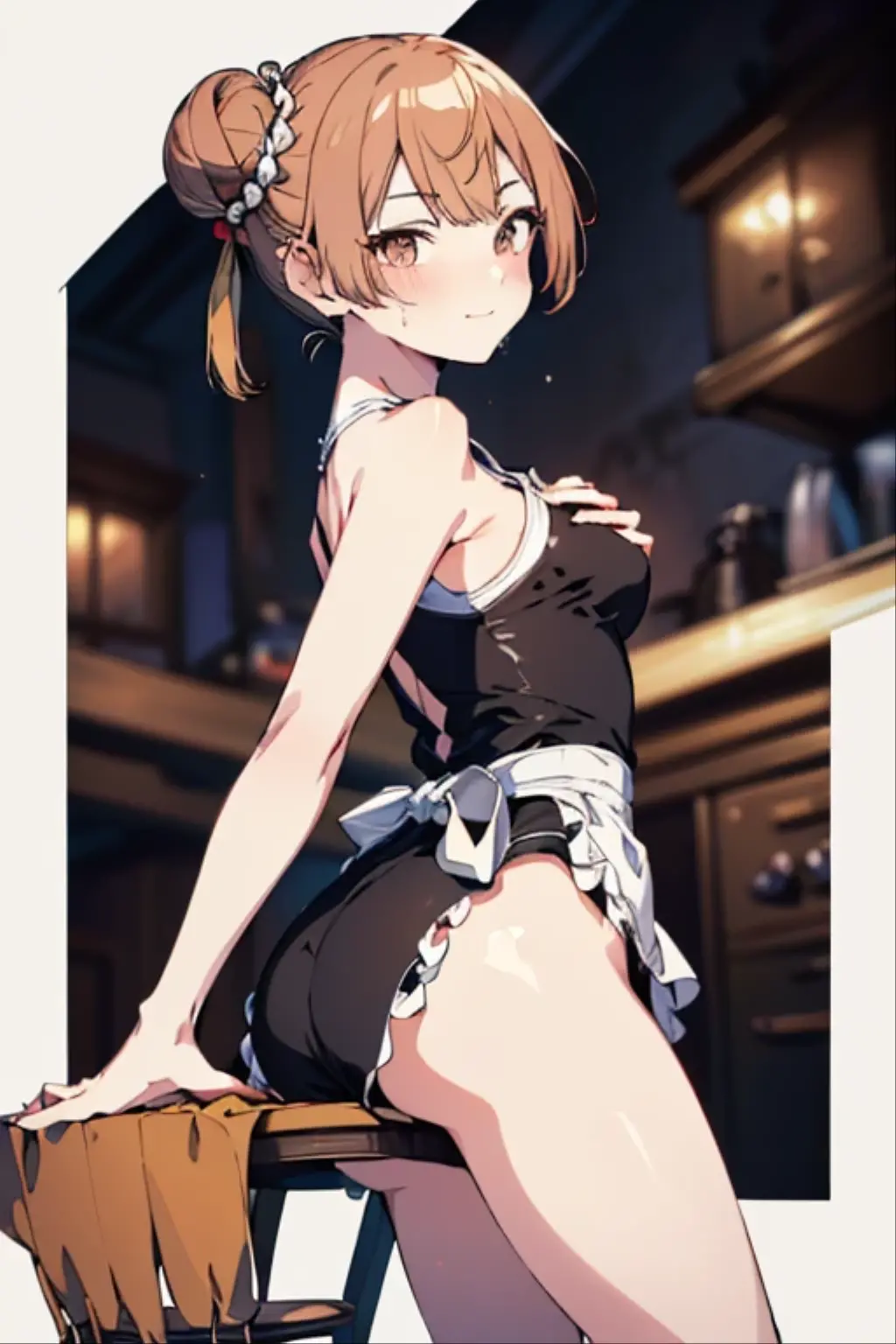 1 girl ,(from above:1.2),purple color hair、Purplish pink eyes that dreamers desire, (Blonde hair) , small stature, Colossal tits, Lori, (masutepiece:1.2, Best Quality), (finely detailed beautiful eye: 1.2), (beautifull detailed face), (Best Illumination, extremely delicate and beautiful), ((Cinematic Light)), Dramatic light, (Pale white background:1.5), Short bob hair（1:3）、Ultra Contrast、Braid a little around the ears, White long dress、only has 5 fingers、、Her pussy is visible through the white thong、Wet pants、You can see inside your underwear、full of sweat、mocking look、diaper、nffsw,Arms crossed、grab the arm、Shoot from above、The angle is as seen from below.、Best Quality、Large breastuscular pussy、Pubic hair,high-level image quality、hightquality、8K,perfect hand、5 fingers、finger pin、Perfect Finger、T back、Naked、noise cut、bullet hand、Her hair color should have been a brighter purple.The skirt part is also carefully expressed..、Purple skirt、the skirt is floating in the wind、Dark purple panties、Pubic hair majority,A scene of make cooking Carbonara Pasta in the kitchen,(with sparkling eyes and a contagious smile),open mouth, Looking at Viewer, 