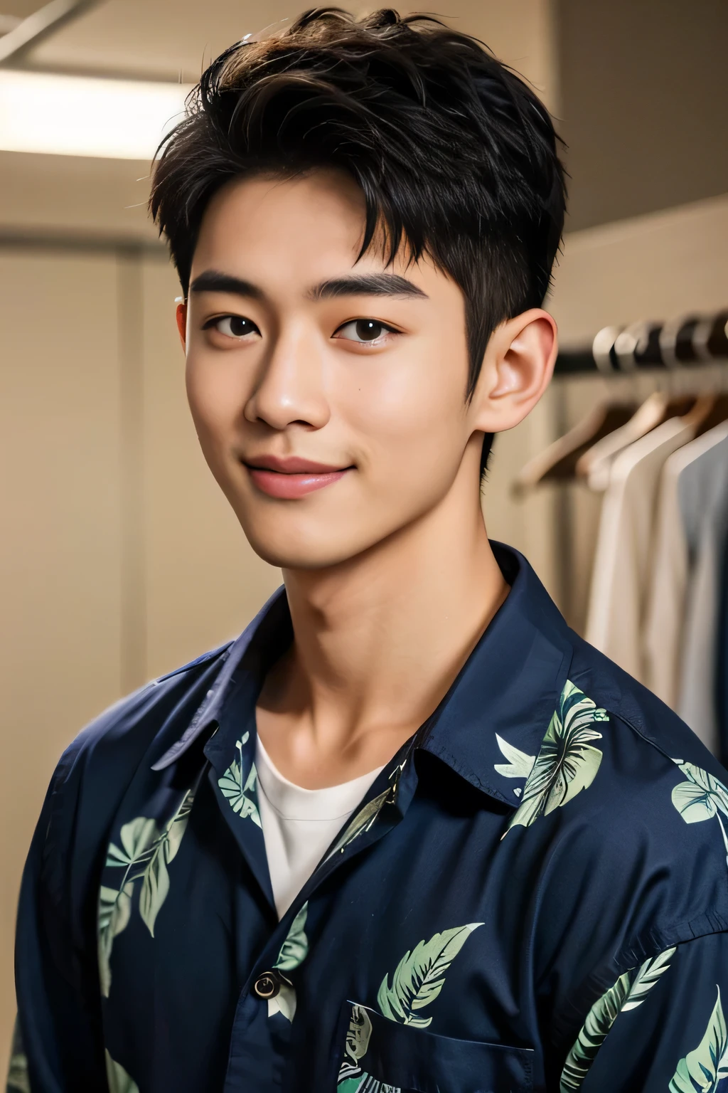 18-year-old male、Japanese、handsome guys、Macho、short hair、 apparel clerk、Hawaiian shirt、Smile Yan