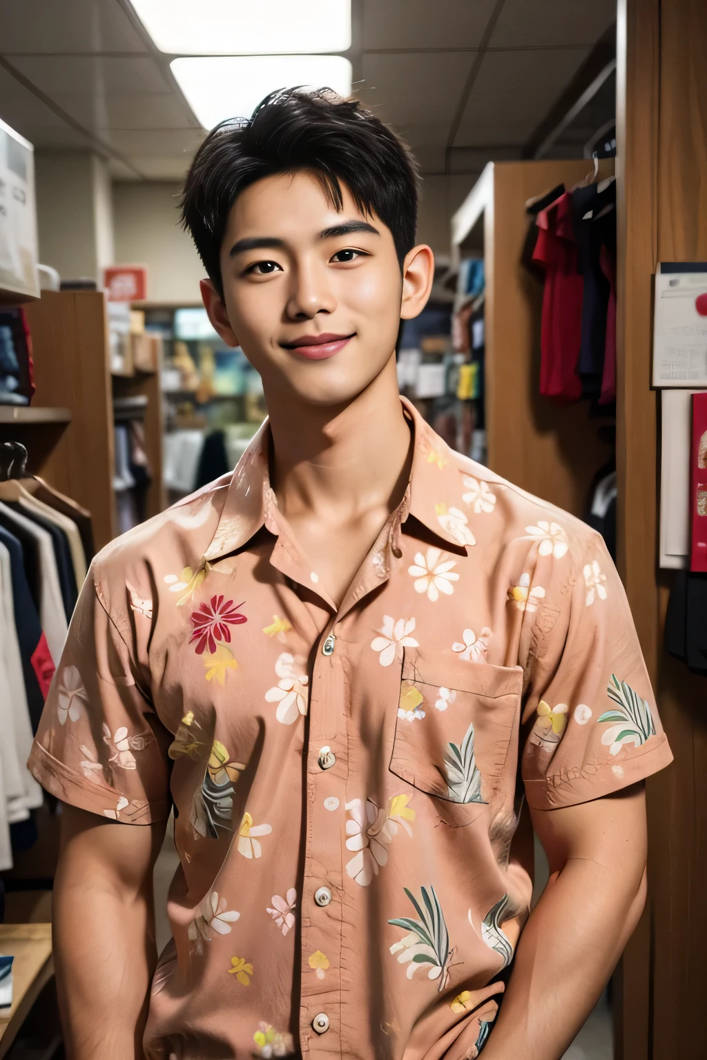 18-year-old male、Japanese、handsome guys、Macho、short hair、 apparel clerk、Hawaiian shirt、Smile Yan