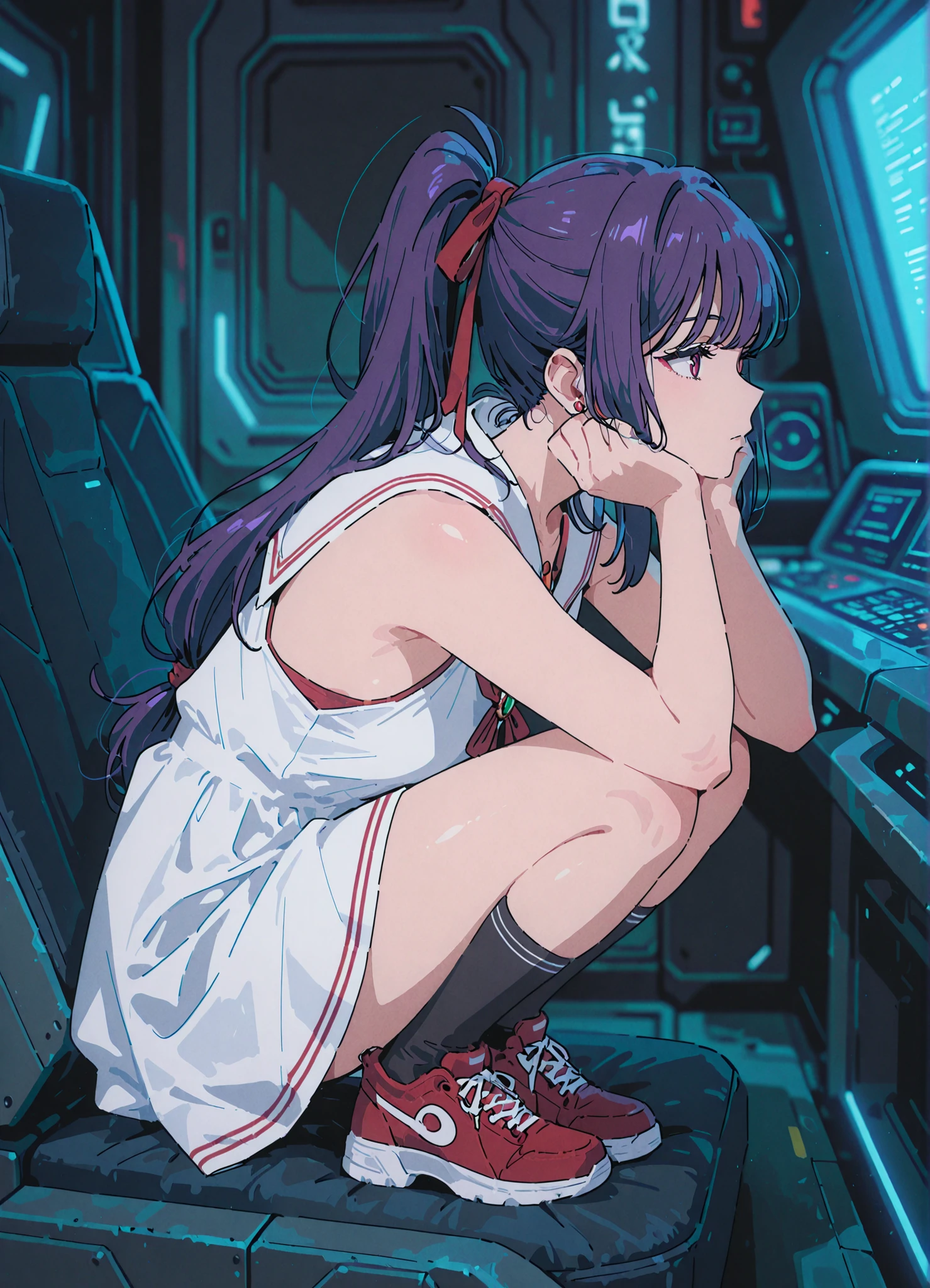(masterpiece, Highest Quality:1.2), one girl, ((Long Hair))ponytail tied with a red ribbon, ((Knee Socks)), Exposed Shoulders, ((gem)), (( no sleeve )), white sailor dress,red sneakers,I'm watching a white hovercraft moving over the sea from the terminal