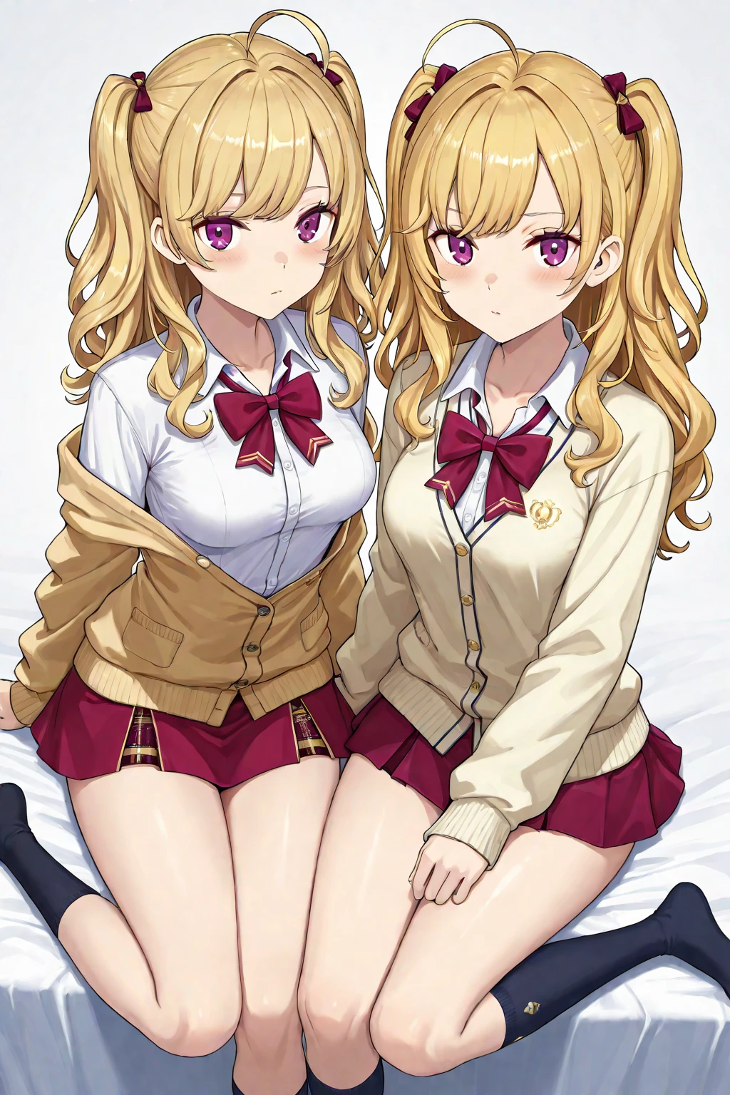 Cute Japanese Girls shirt Blonde Lively impressions Dance Club uniform Wrap a cardigan around your waist hairpin Long Hair on the desk M-shaped legs Show your pants Embarrassed