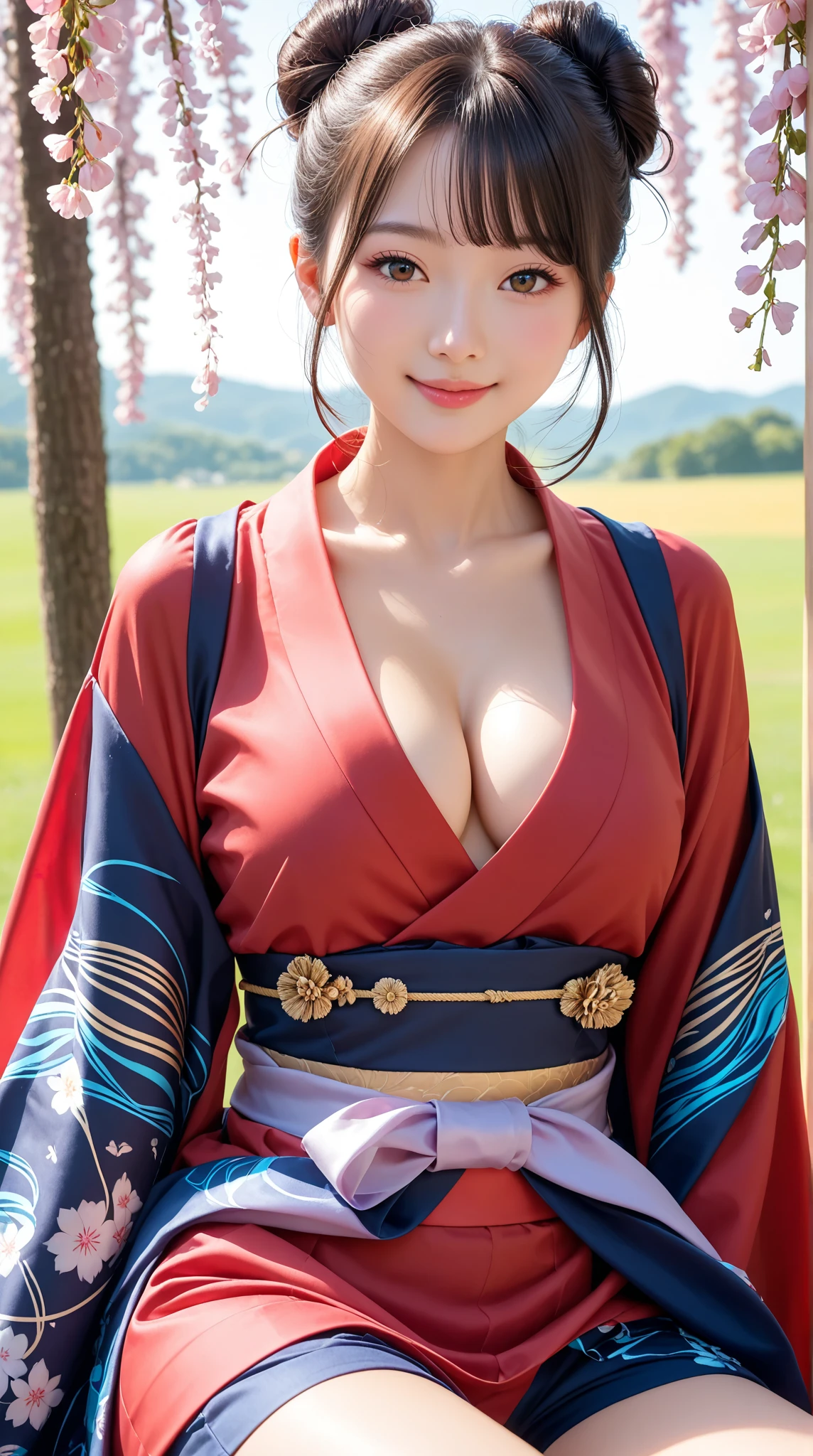 ((Best Quality)), ((masutepiece)), (Detailed), (highlight), Perfect face、Young girl with detailed face showing cleavage、Long, thick, glossy, beautiful black hair with blunt bangs、Single-color background、standing wearing a patterned kimono、