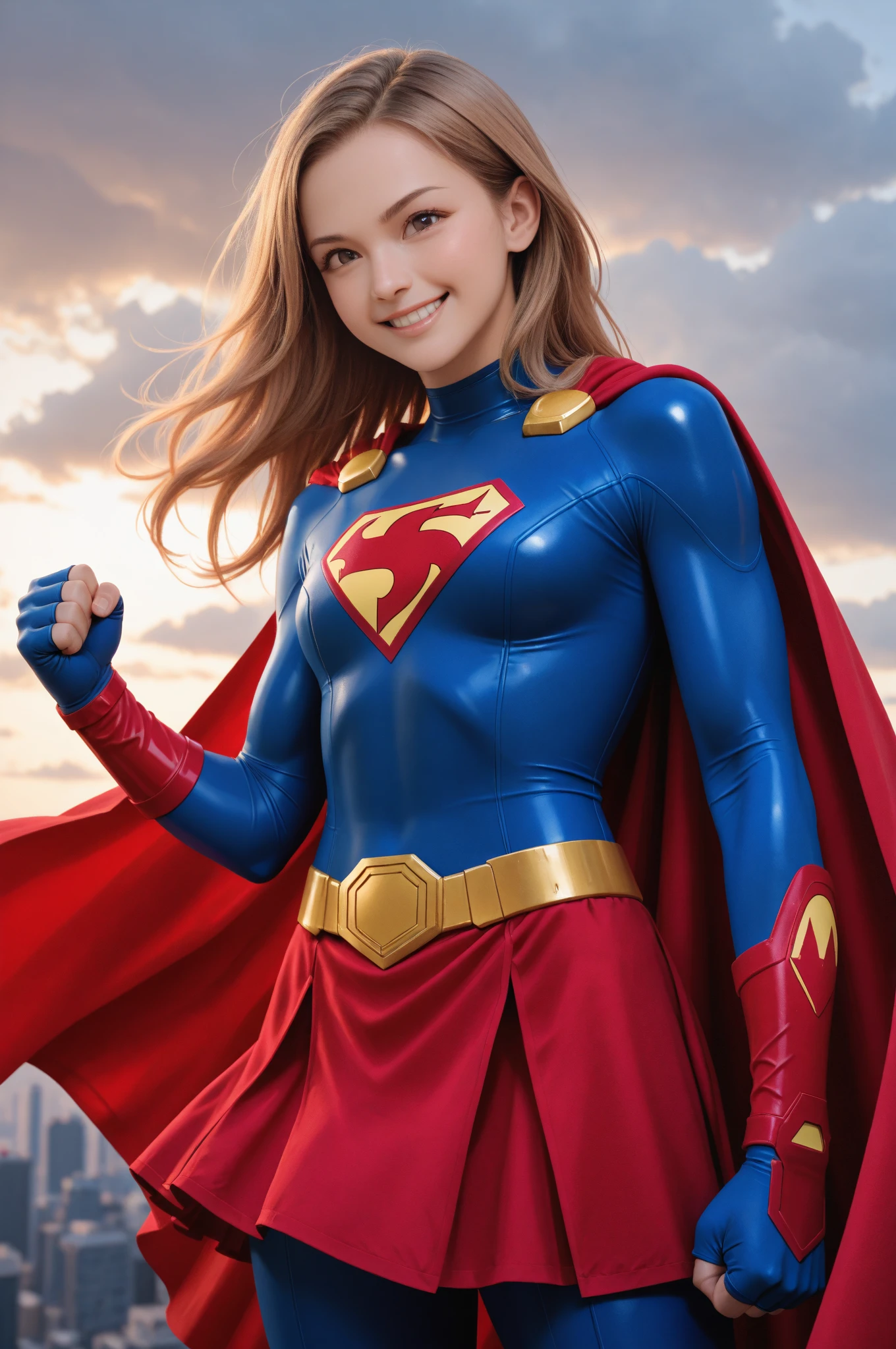 A five-year-old girl,Clear face,Supergirl costume,of a real,Sky scene