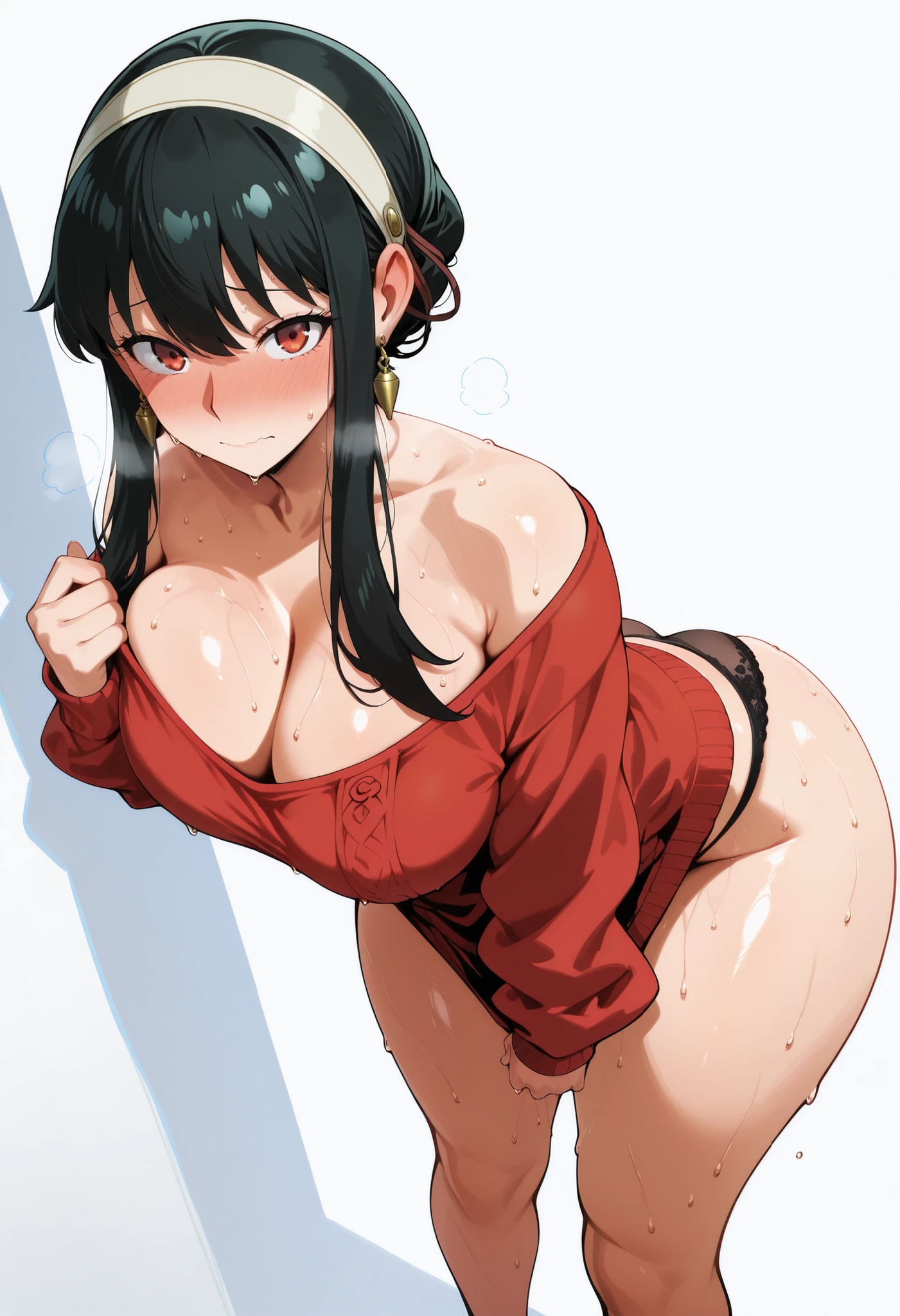 ((Table t○p, highest quality, Hi-Res Lucifer,Anime Screen Capture、perfect pixel, 4k, nffsw, nffsw)))、perfect anat○my、(((huge breastuscular、thick thighs、wide ass)))、((hands behind head、both armpits))、Sweat, (((Steam from armpits)))、(((Black floral lace bra))),(red eyes)、((black hair)),  ((((blush))))、((red sweater、Sweater Lift))、:○、(shower room)、