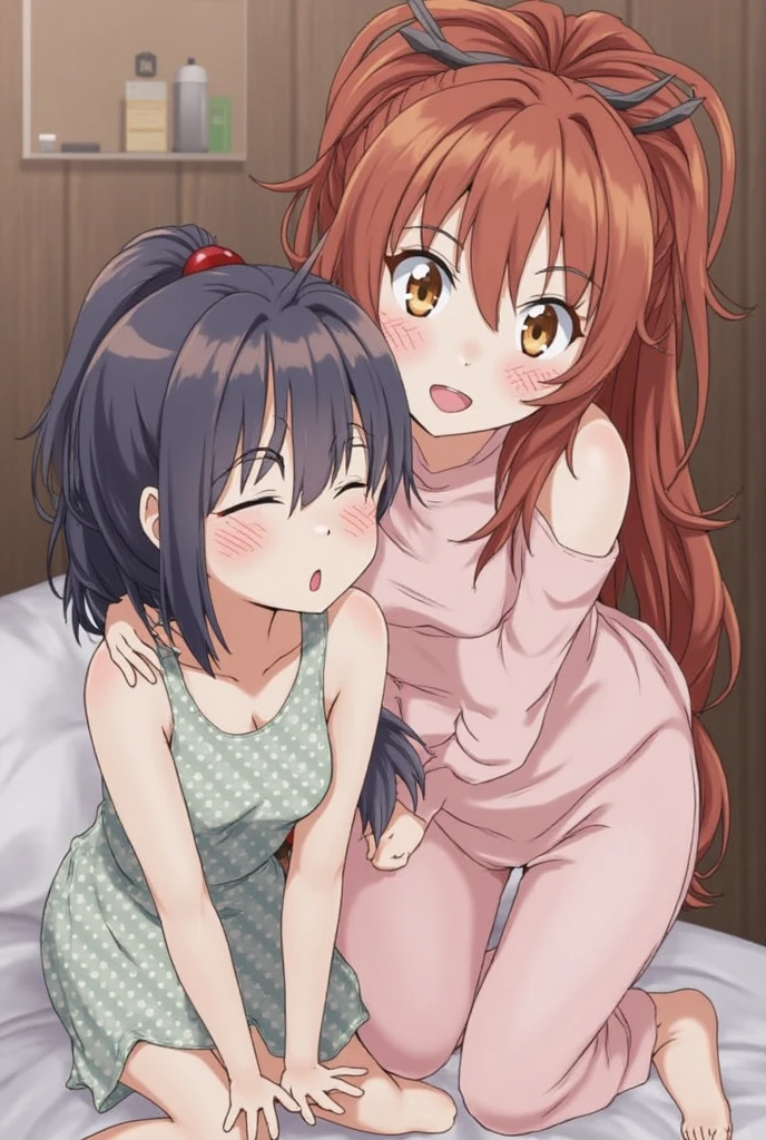 Anime image of two girls hugging each other isolated on white background, kawaii hq render, 8K!, nagatoro, Rin, 8K!!, Happy!!!, yuruyuri, shirobako, Lori, kissing together cutely, 4K!, biting lip, anime still, !8K!, Ilya Kuvshinov. 4 k