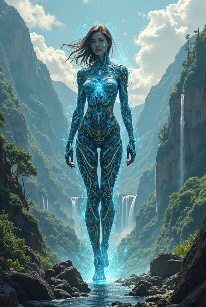 Kavellion style, Beautiful alien machine goddess of the rainstorms in white celtic robes by android jones alex grey m, c, escher h, r, giger android jones alex grey mark cooper alien beauty alien cyborg machine goddess beauty alien celtic red - haired rainstorm goddess with white robes and metallic machine deity alex grey android jones hr giger artgerm artstation award winning photorealistic detailed hypervivid intense fantasy concept art by greg rutkowski