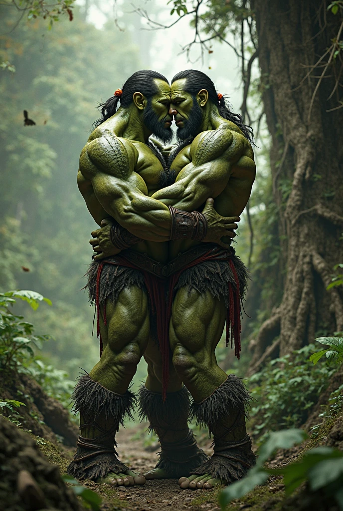 Obra prima melhor qualidade, Orc macho Warrior tribal linda com tatuagens tribais em uma floresta, On a beautiful morning, intrincado extremamente detalhado, 8k, ultra realista