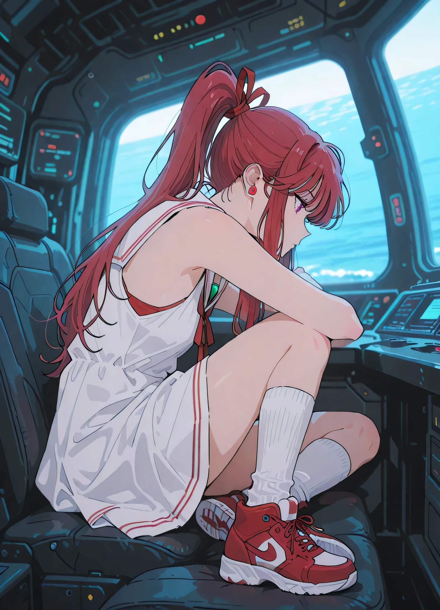 (masterpiece, Highest Quality:1.2), one girl, ((Long Hair))ponytail tied with a red ribbon, ((Knee Socks)), Exposed Shoulders, ((gem)), (( no sleeve )), white sailor dress,red sneakers,I'm watching a white hovercraft moving over the sea from the terminal