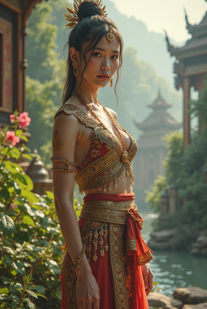 Stunning single woman on Instagram, sexy Chinese woman poses, her radiant beauty captivates the viewer. She wears traditional, ornate Chinese clothing whose intricate patterns and textures highlight her cultural heritage. Her piercing eyes shine with independence. photorealistic, only one woman in the photo, random facial appearance, wet body, young face, big