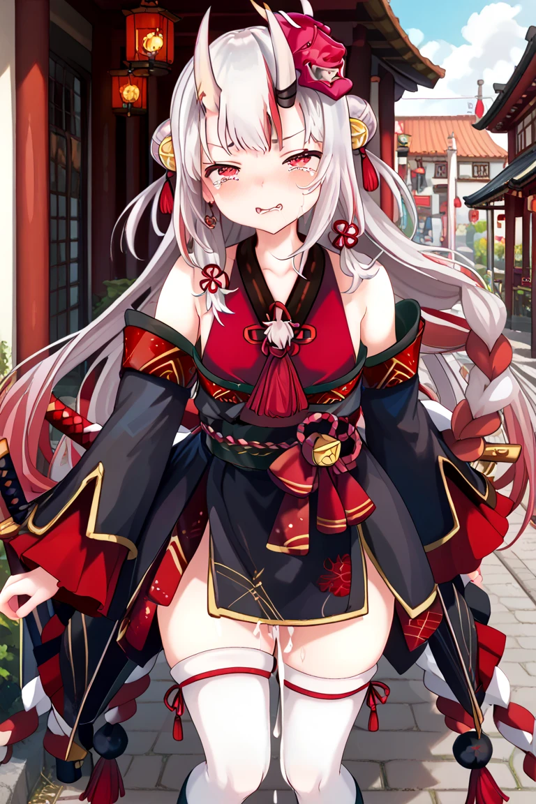 score_9, score_8_up, score_7_up BREAK source_anime, 1girl, solo, ayamebase, oni horns, long hair, double bun, black kimono, short kimono, hair bell, obi, shimenawa, white thighhighs, bare shoulders, long sleeves, oni mask, mask on head, <lora:[P]Nakiri Ayame_v1:1>, outdoors, torii, cherry blossoms, wind lift, fundoshi, embarrassed,