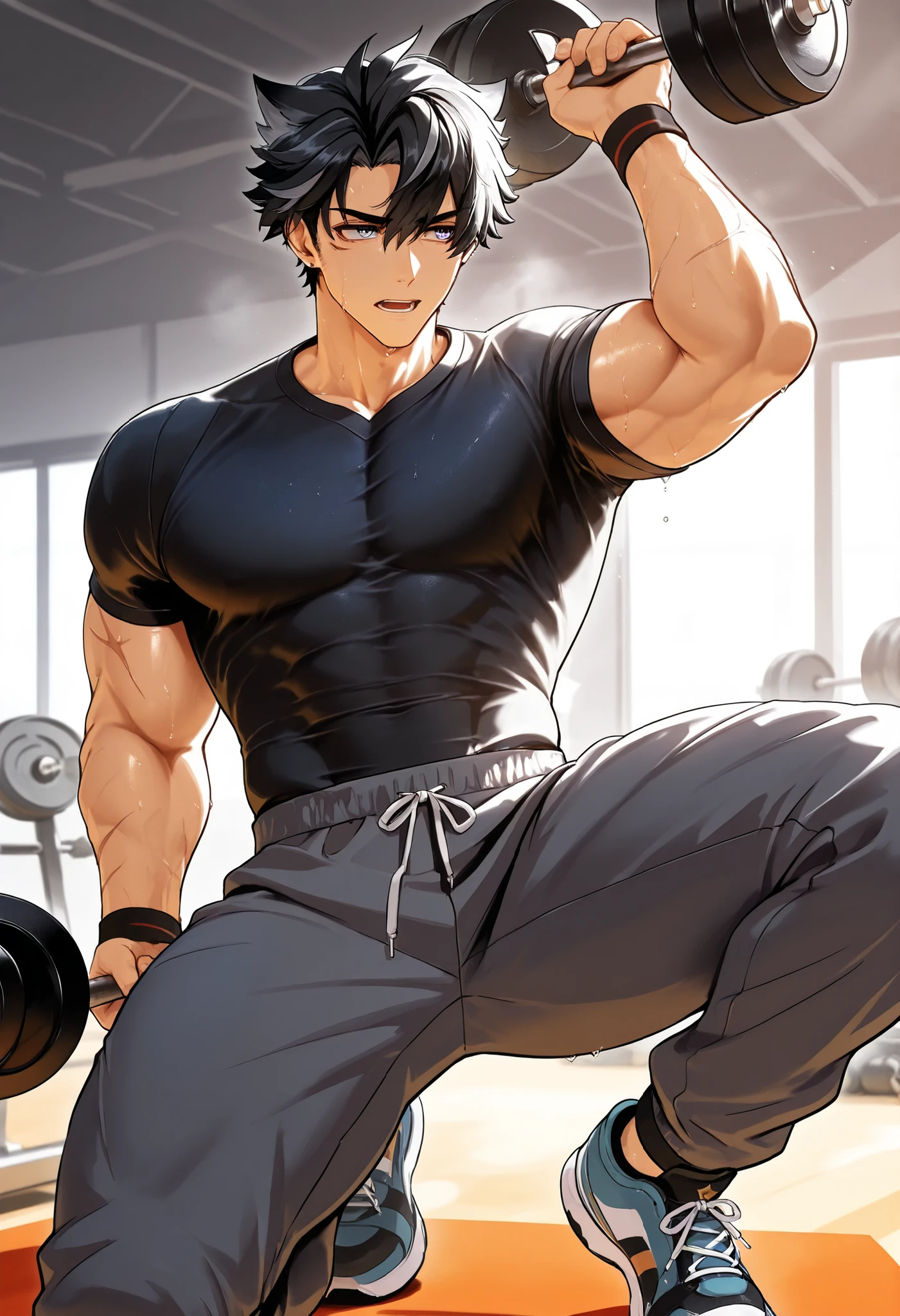 (anime style, masterpiece, ultra-detailed, 8k,
vivid colors), Wriothesley from Genshin Impact
wearing modern sporty outfit, black compression
shirt slightly tight, grey jogger pants, sneakers,
inside a modern gym with weights and equipment
in the background, lifting weights, soft sunlight entering through
large windows, beads of sweat on his skin,
confident expression, hair slightly messy, athletic
muscular build, cinematic lighting, dynamic pose
as if mid-training, warm color tones with realistic
shading, sports-themed atmosphere, high detail,
intricate textures on clothing and environment
