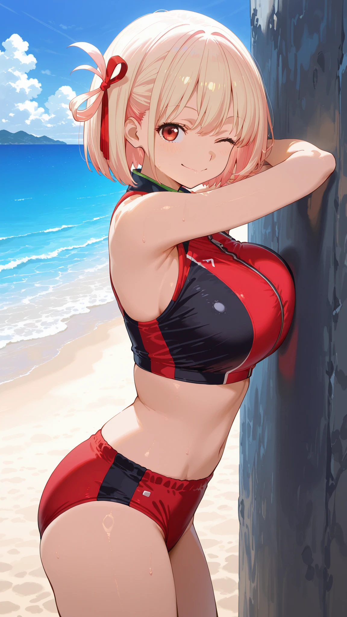 cpkiwi, highres, highest quallity, illustration, ultra detailed, (detailed face), (detailed eyes), best quality, hyper detailed, masterpiece, 1girl, solo, short hair, blonde hair, red eyes, mask, luminous eyes, medium breasts, ocean scenery, beach, ocean, sunny, red bikini top, small bikini, red bikini, cleavage, wet, (big tits) big breasts, huge breasts, standing in water, cute smile, full frame, in frame