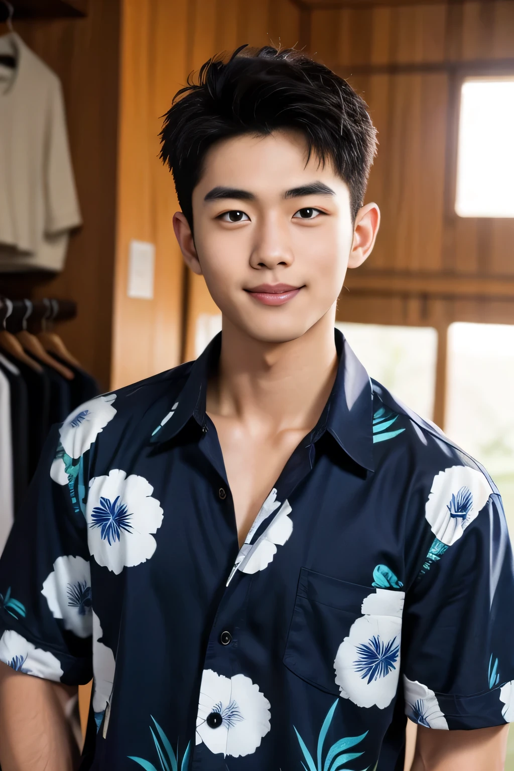 18-year-old male、Japanese、handsome guys、Macho、short hair、 apparel clerk、Hawaiian shirt、Smile Yan