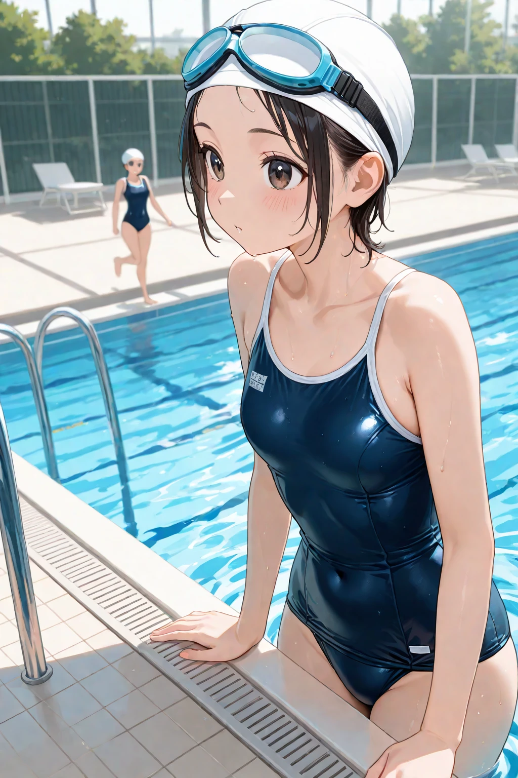 Highest quality、High resolution、Detailed Background、(Beautiful face in every detail:1.4)、Anatomically correct、(Detailed facial expressions)、(fine grain:1.2)、8-year-old beauty、cuteカラーの髪色、Braided Ponytail、Braided bob cut、Braided twin tails、Navy School Swimsuit、(Flat Chest)、Perfect body line、Thick thighs、Please show me your whole body、
(Five beautiful girls in school swimsuits having fun in the school pool:1.5)、
Big smile、Laughing with your mouth open、My whole body is wet、My hair is wet too、Fun atmosphere、Embrace each other、cute仕草、cute