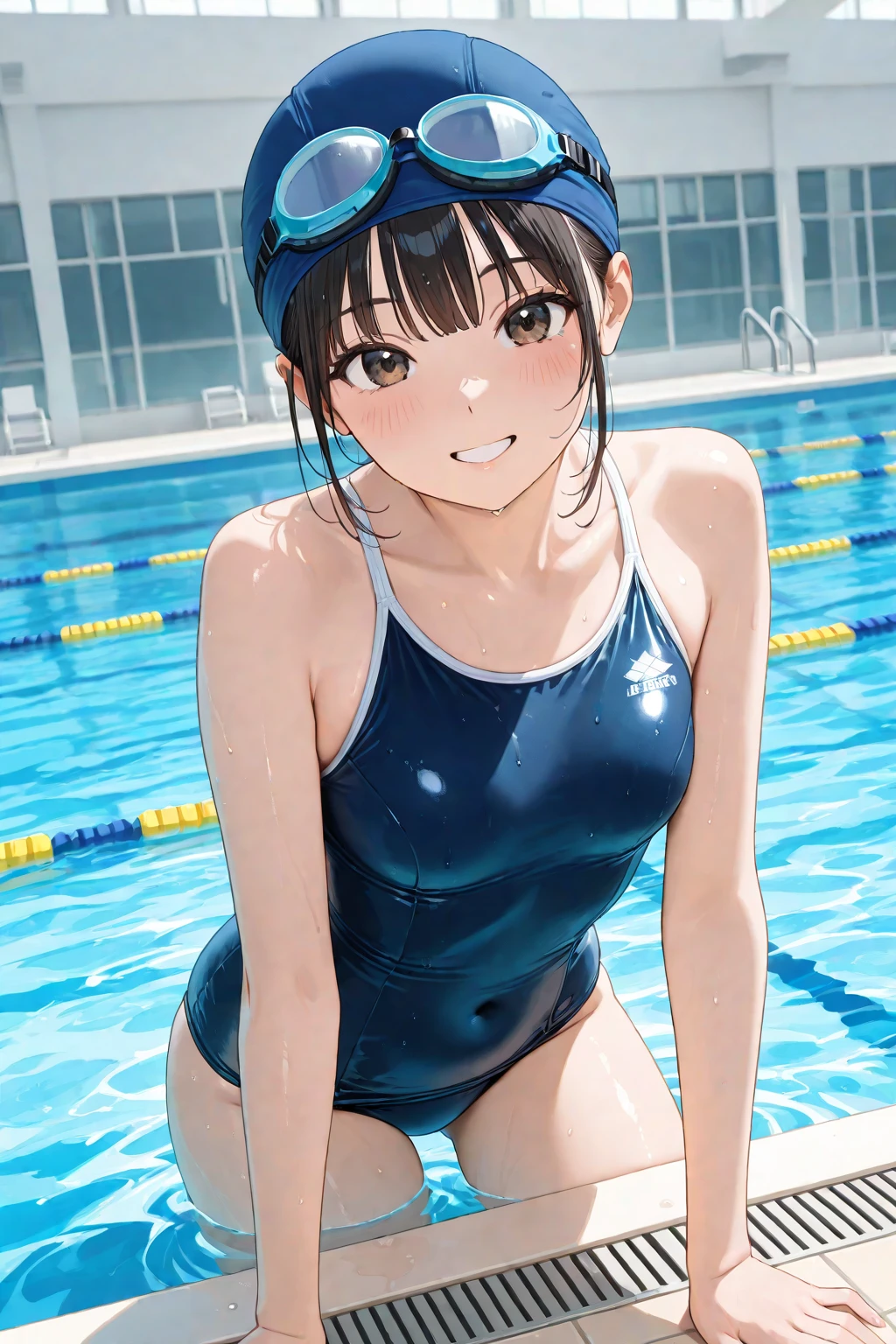NSFW、In the best quality、Teenage girl standing in swimming pool。In high resolution、Beautiful details、Quiet atmosphere。Black hair ponytail、Cute Smile.。Small breasts、Cute School Swimsuit。