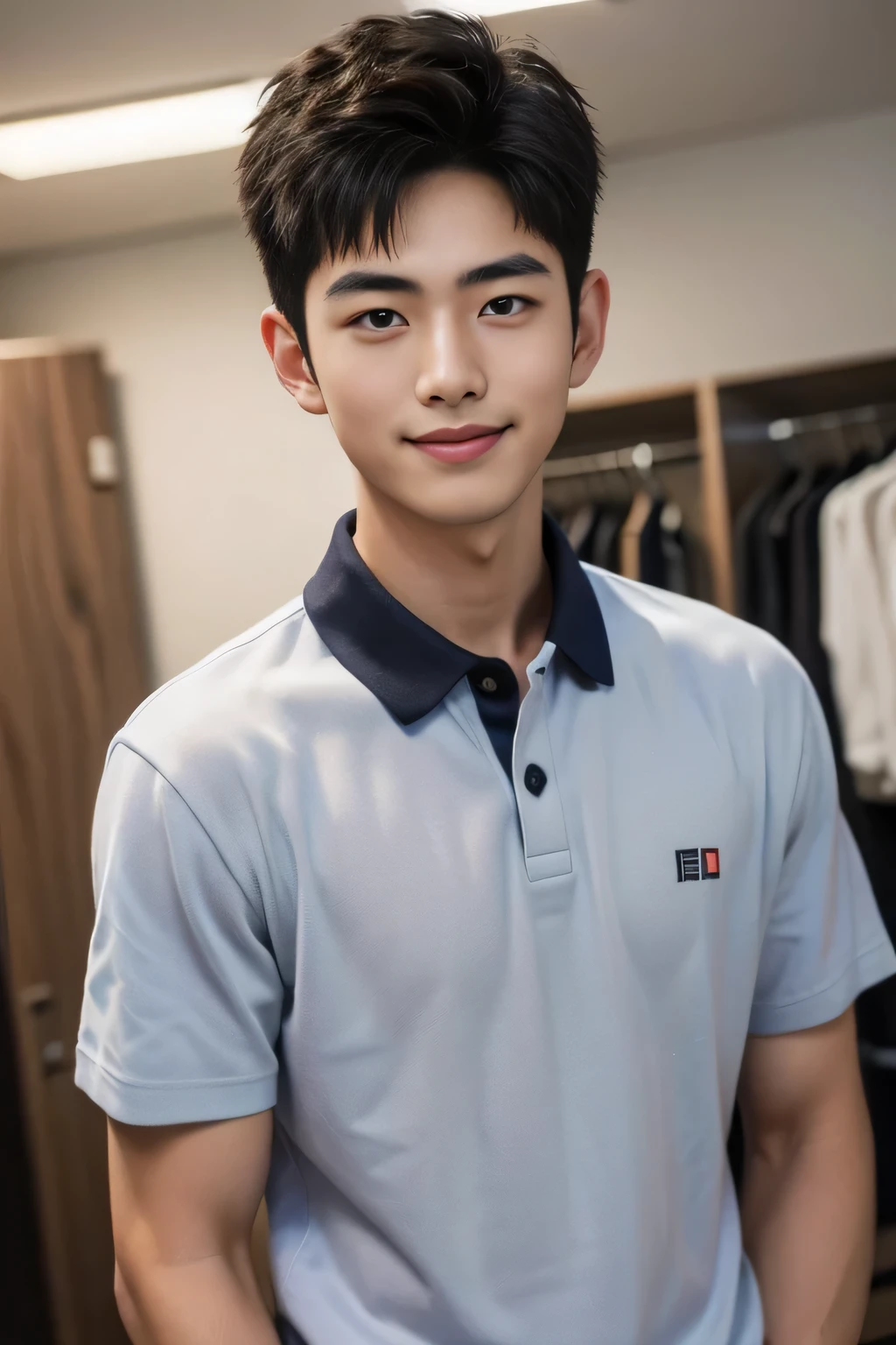 18-year-old male、Japanese、handsome guys、Macho、short hair、 apparel clerk、polo shirt、Smile Yan