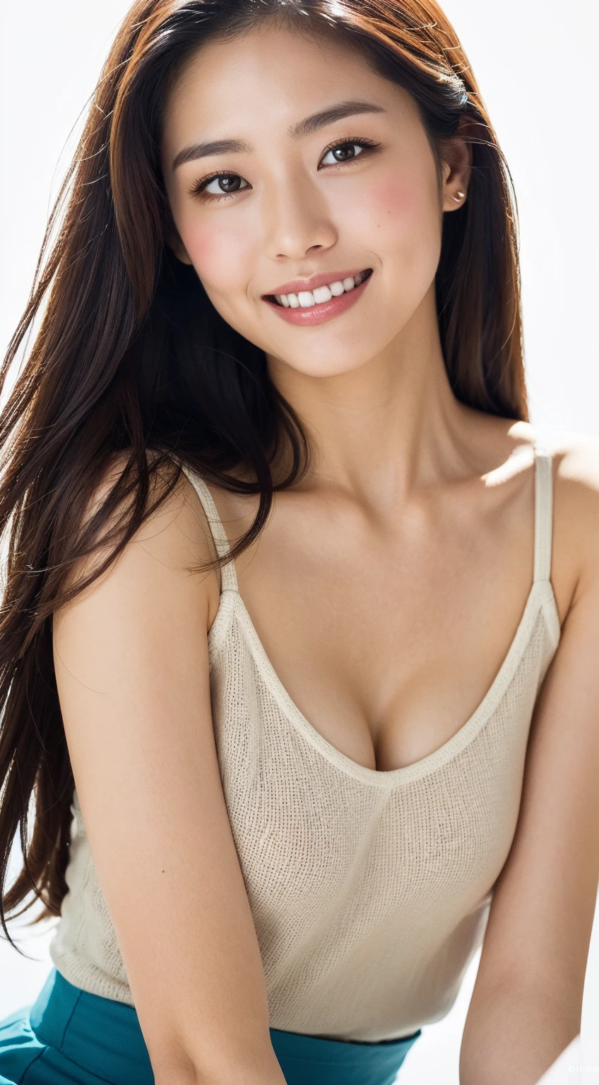 Beautiful woman with straight long hair A smile an lingerie
