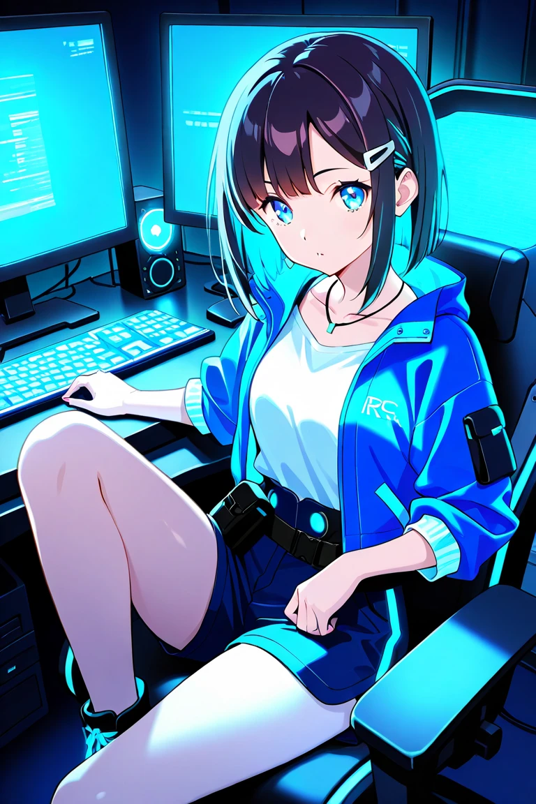 ultra realistic, girl, short black hair, headphones, sitting, slumped in an armchair, in a futuristic cabin, surrounded by monitors, and olographic screens , view from above, blue lights, flat breasts, pre-adolescent. She looks with bored, mini-skirt, visible panties. open legs