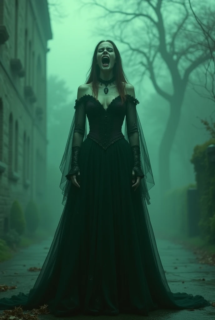 An extremely photographic image of a woman with black hair and a black dress, she is in front of a house in the middle of a dense and dark forest, full body shot, Lilith, 32K, ultra realistic, hourglass shaped body, cinematic lighting, romance