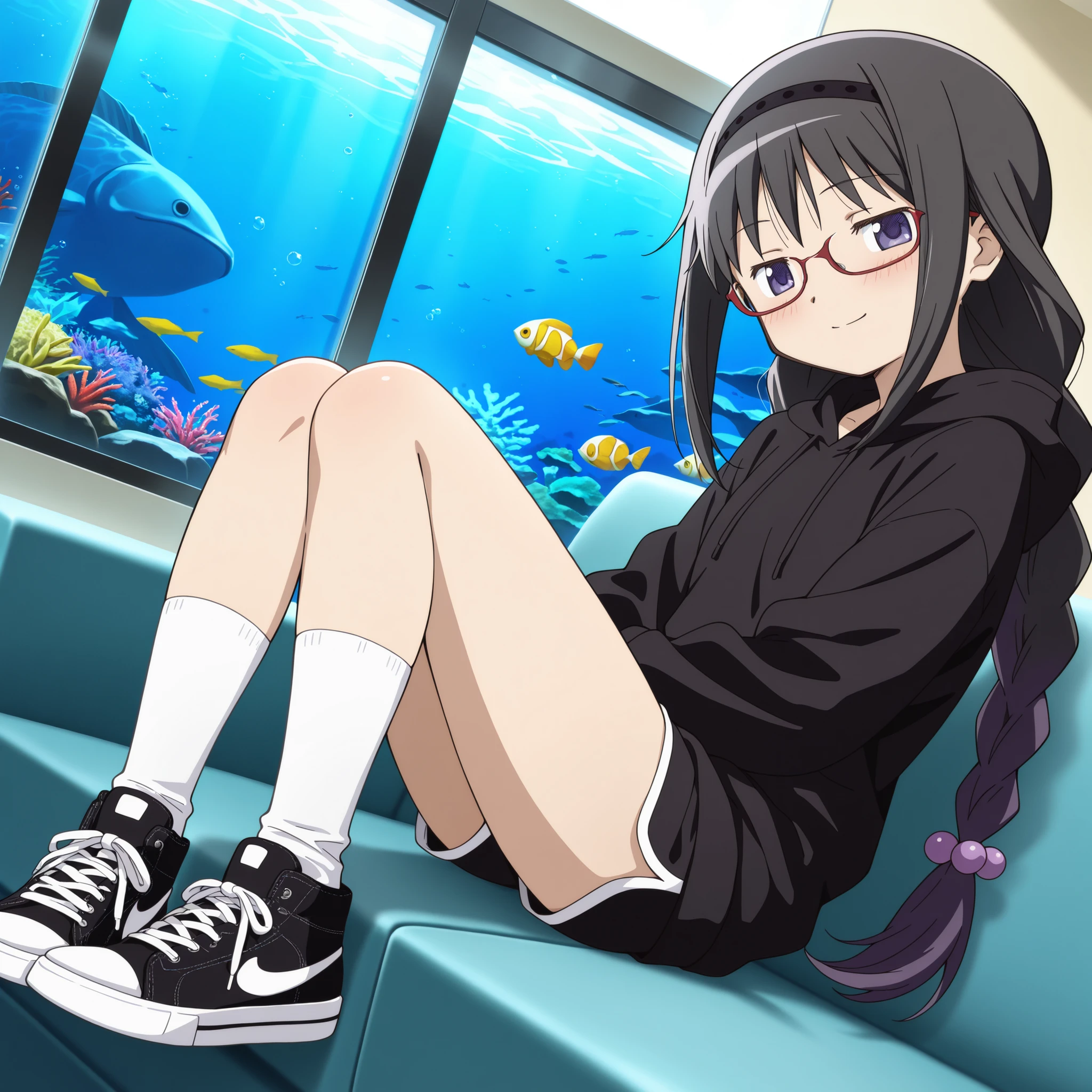 masterpiece, best quality, newest, absurdres, highres, safe, anime style, anime capture, anime screen, 1girl, solo, mahou shoujo madoka magica, akemi homura, purple eyes, black hair, twin braids, red-framed eyewear, black hairband, purple hair bobbles, black hoodie, shorts, white socks, black sneakers,  smile, blush, looking at viewer, zettai ryouiki, dutch angle, sitting on a sofa, indoors, aquarium, large fish tank