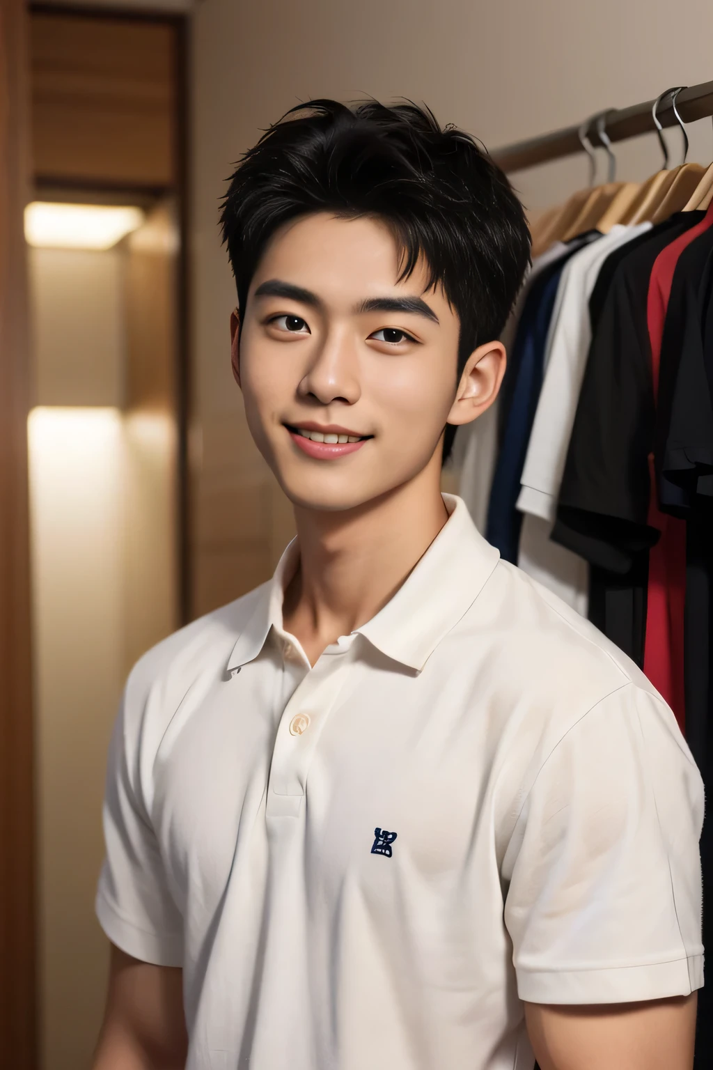 18-year-old male、Japanese、handsome guys、Macho、short hair、 apparel clerk、polo shirt、Smile Yan