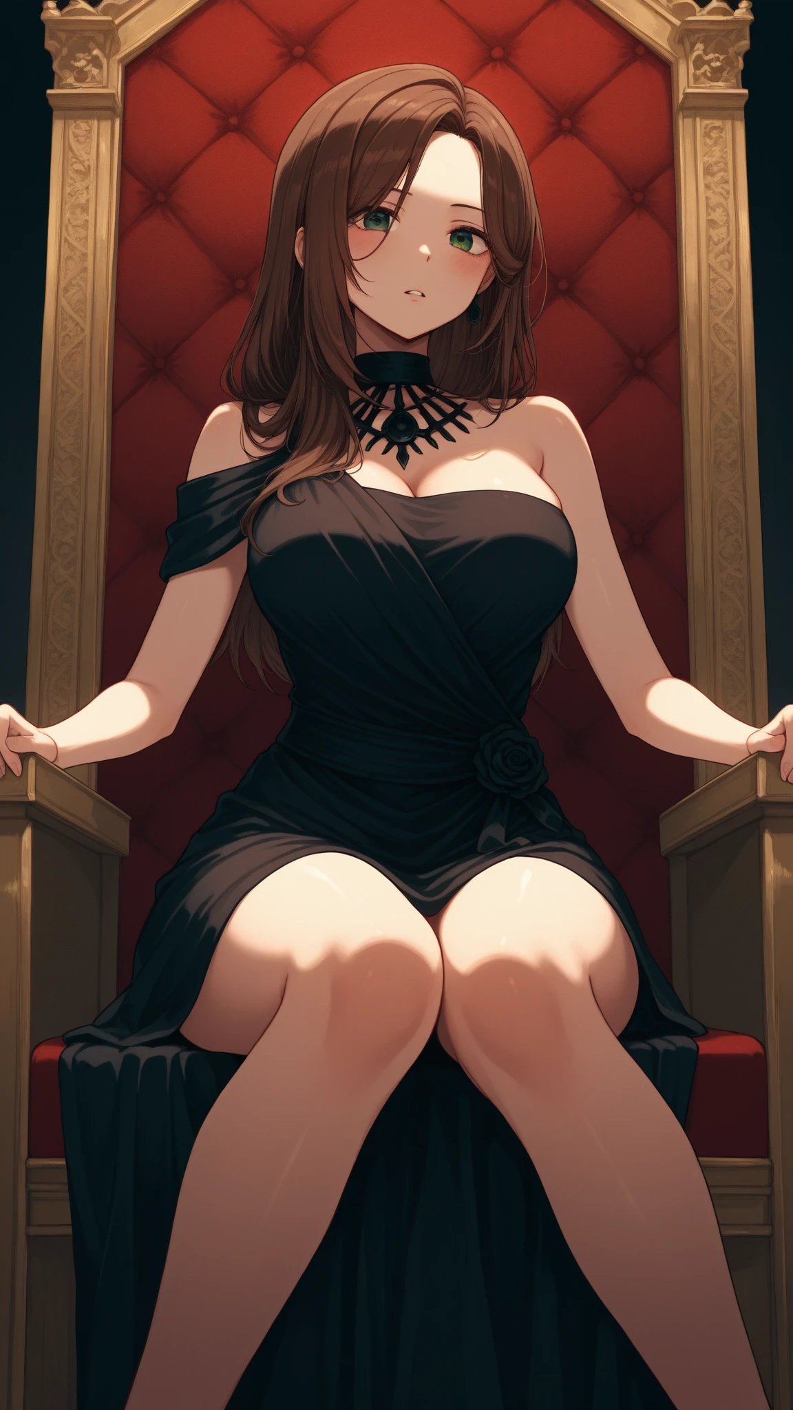 score_9, score_8_up, score_7_up, source_anime BREAK 1girl, solo, looking at viewer, cowboy shot, <lora:Yu_Mei-Ren_Psdxl:0.9>, Yu_Mei-Ren_Default, red eyes, brown hair, straight hair, very long hair, black dress, long dress, ribbon-trimmed dress, sleeveless dress, side-tie dress, hip vent, breast strap, no bra, side slit, black ribbon, black gloves, elbow gloves, black choker, multiple earrings, navel, collarbone, bare shoulders, indoors, theater, curtains, dimly lit, large breasts, open mouth, sitting, on chair, from side, hands on own knees,