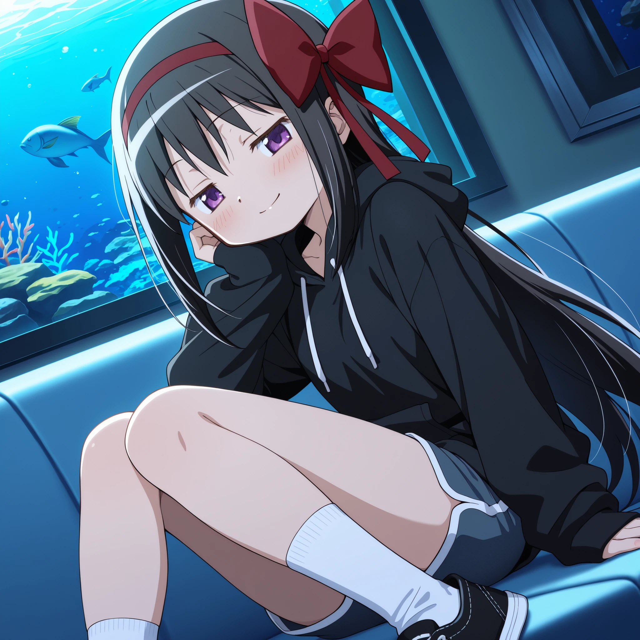 masterpiece, best quality, newest, absurdres, highres, safe, anime style, anime capture, anime screen, 1girl, solo, mahou shoujo madoka magica, akuma homura, homura_purple eyes, black hair, long hair, homura_hair bow, black hoodie, shorts, white socks, black sneakers,  smile, blush, looking at viewer, zettai ryouiki, dutch angle, sitting on a sofa, indoors, aquarium, large fish tank