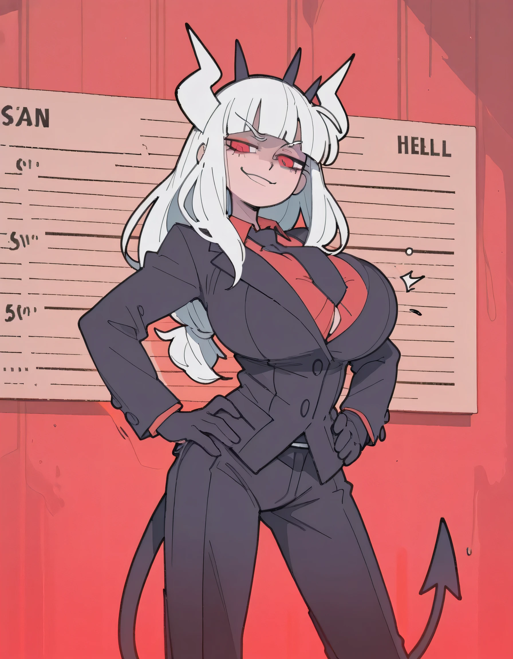 masterpiece, ultra-HD, impressionism, high detail, best quality, very aesthetic, 8k, best quality, beautiful, tmchng, 1girl, lucifer (helltaker), skinny , horns, white hair, long hair, blunt bangs, huge breast , red eyes , eyes liner , business suit, black jacke , gloves , black pants , formal, necktie noaharbre , arched chest , bulge , hands on hips , open legs , head tilted , thighs , smirk , shaking breast , breast expansion , mugshot room background